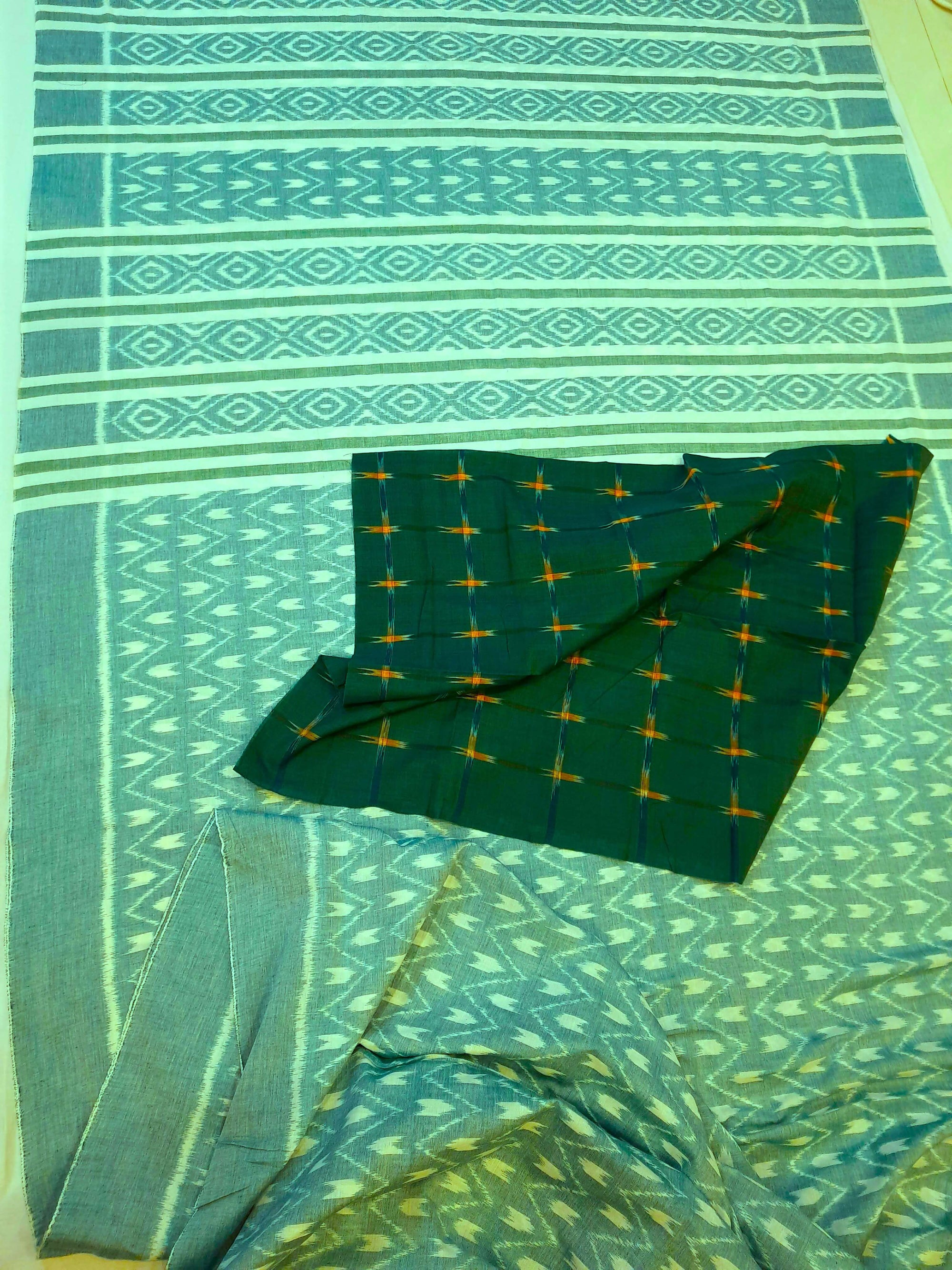 Green Cotton Odisha Ikat saree with mix match cotton ikat blouse piece