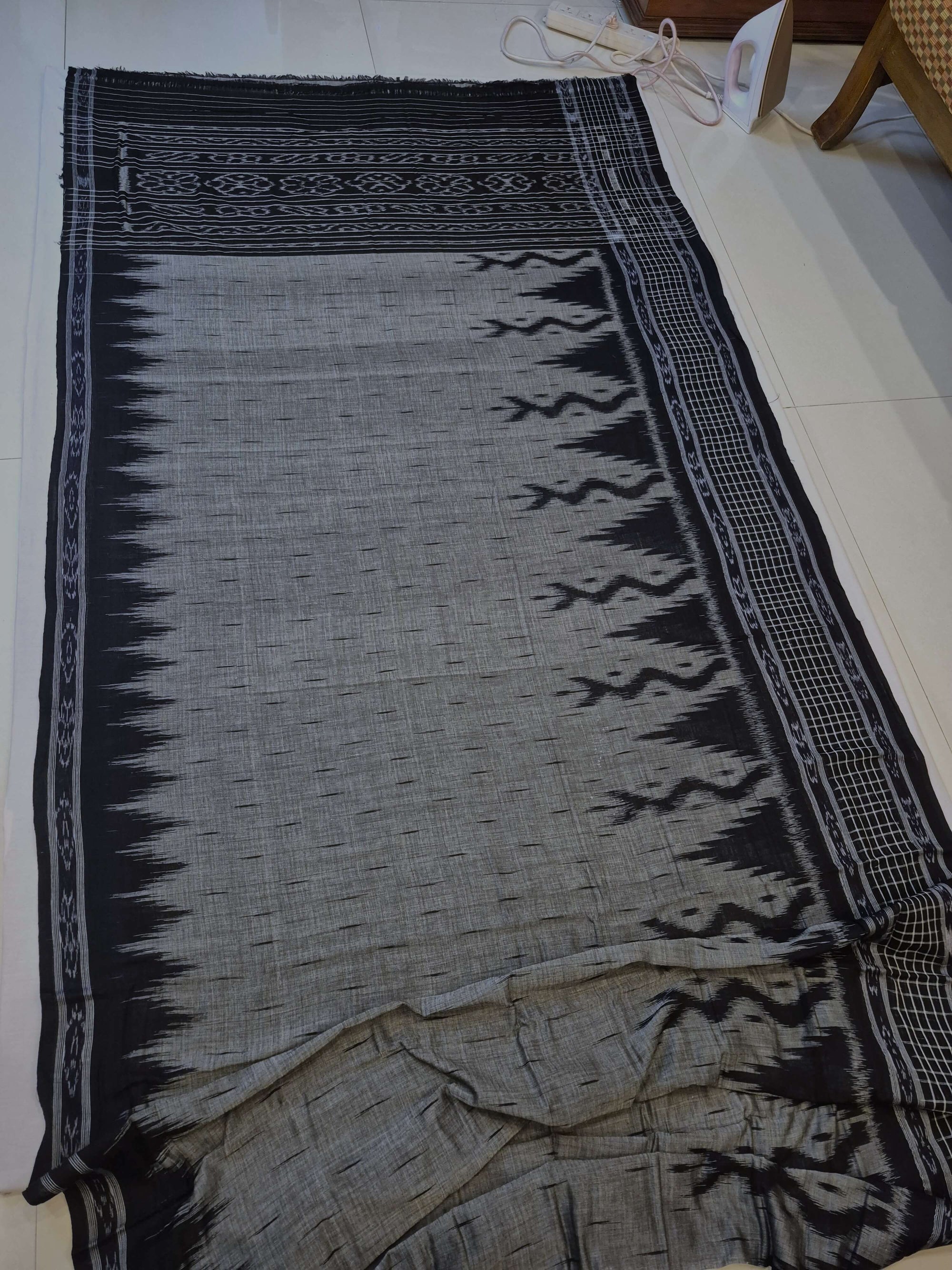 DarkGrey with Black wide border Cotton Odisha Ikat saree with mix match cotton ikat blouse