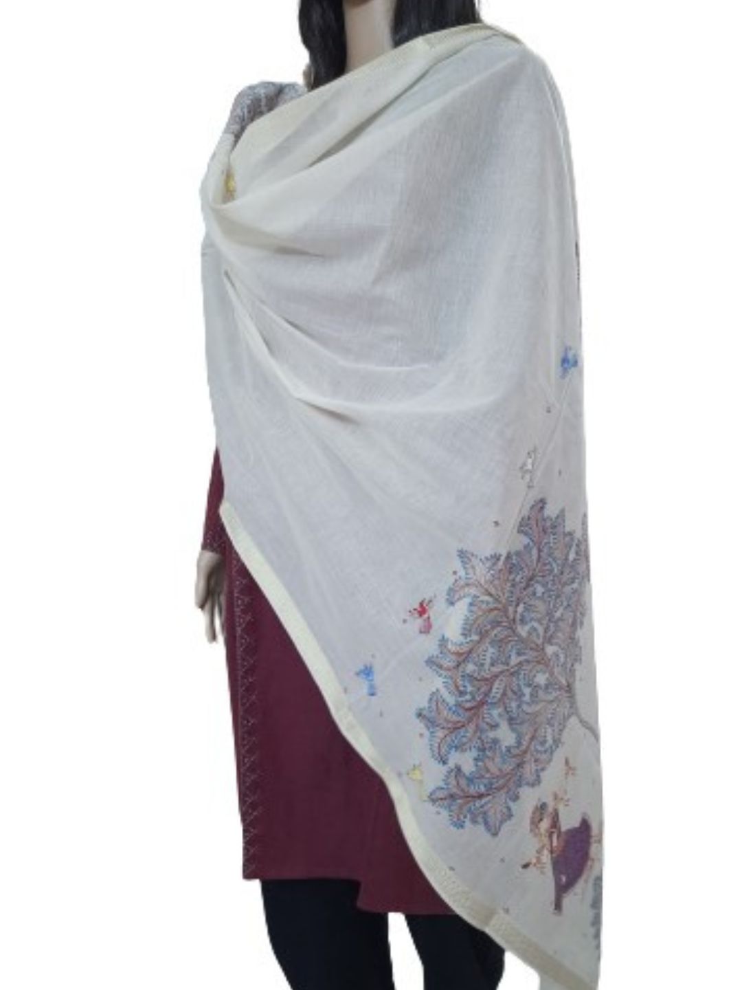 Off-white Cotton Dupatta with hand-painted Pattachitra motifs