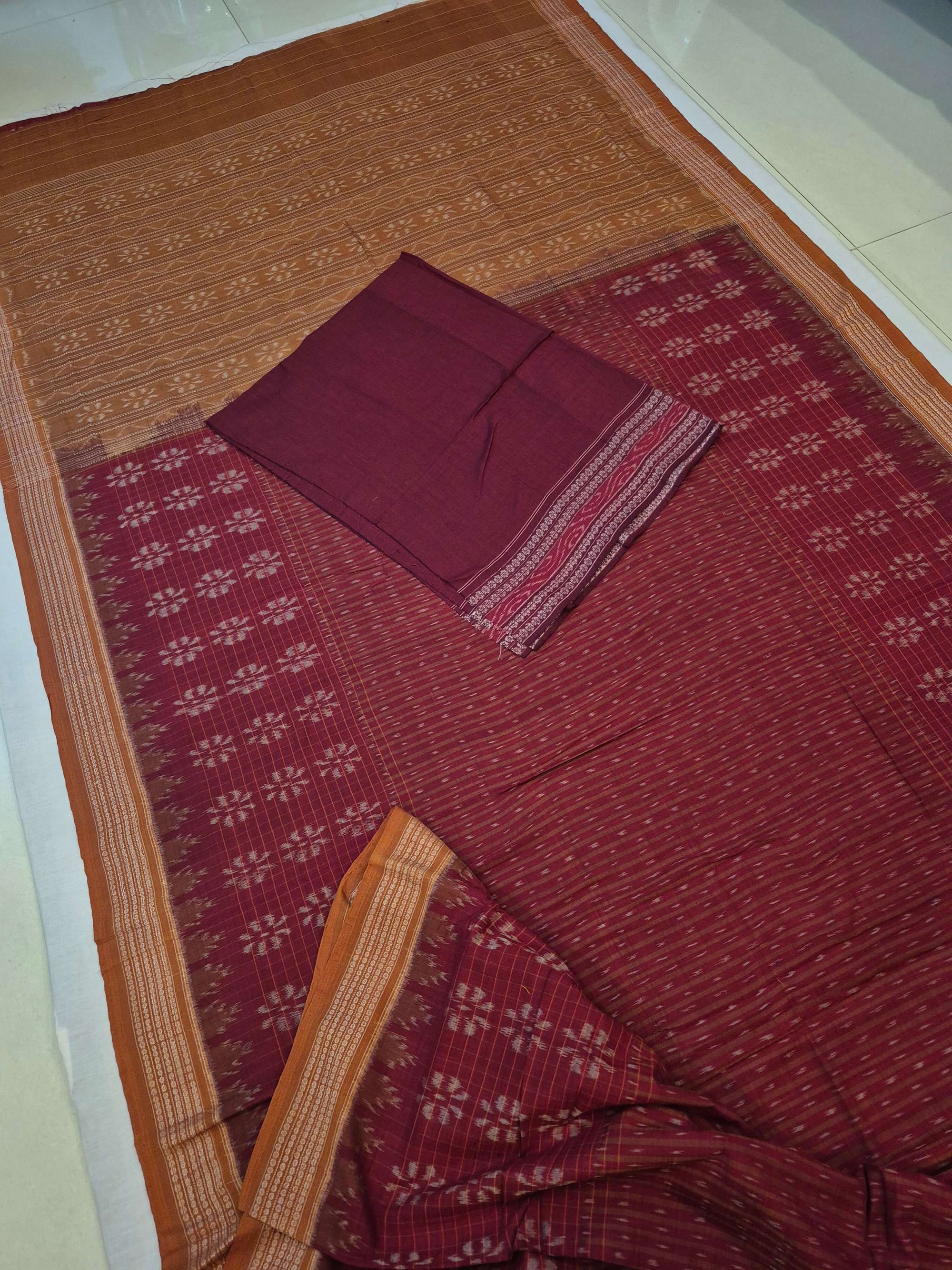 Maroon Sambalpuri Cotton Saree with cotton ikat blouse piece