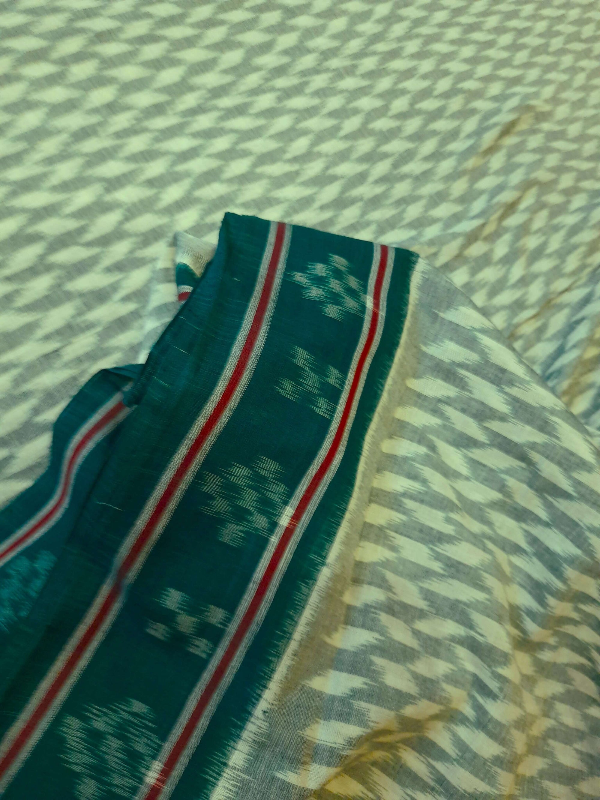 Off_White with Green Cotton Odisha Ikat saree with mix match cotton ikat blouse piece