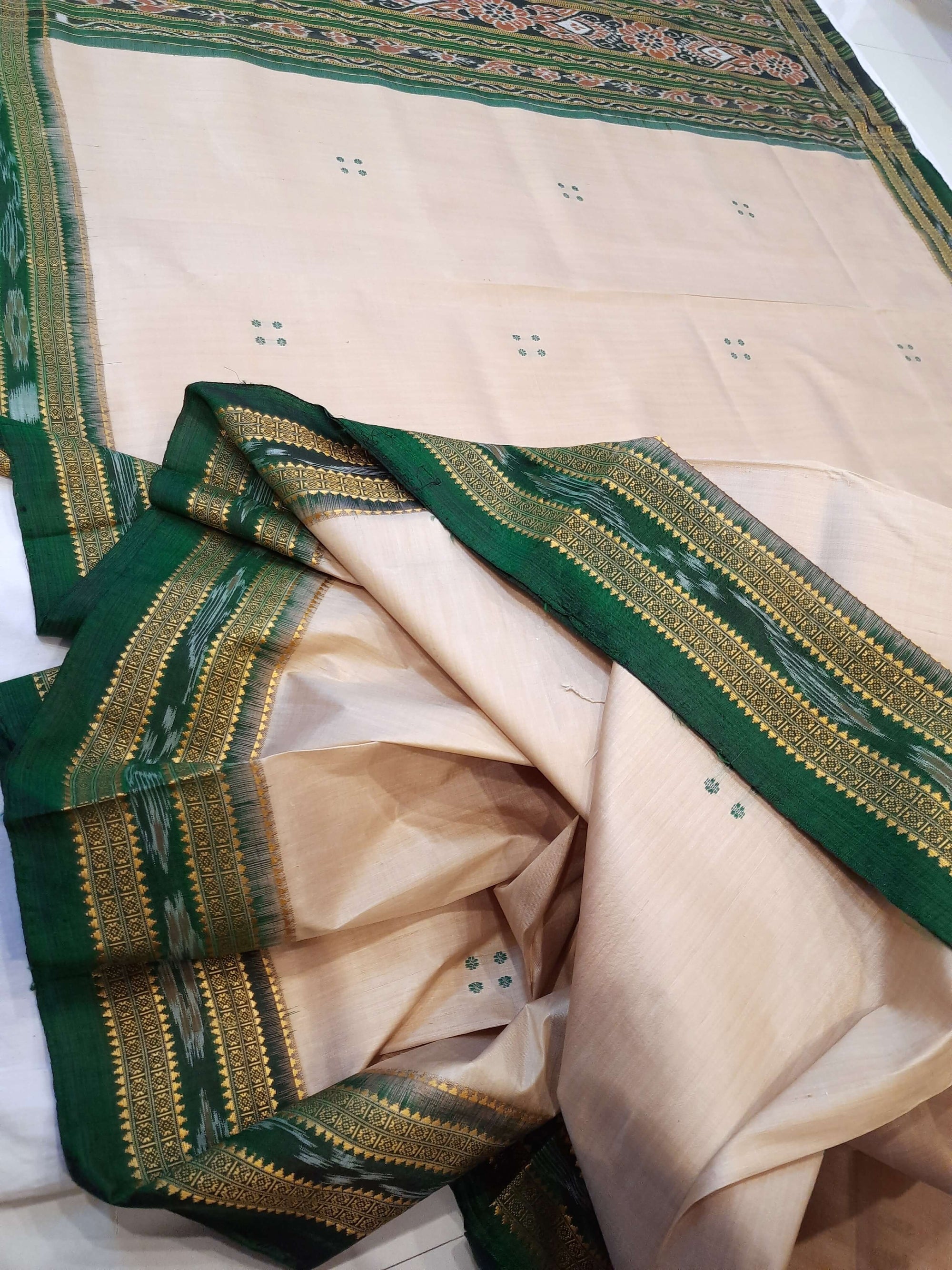 Beige with Green Odisha Khandua Pata Silk Saree with cotton ikat blouse piece