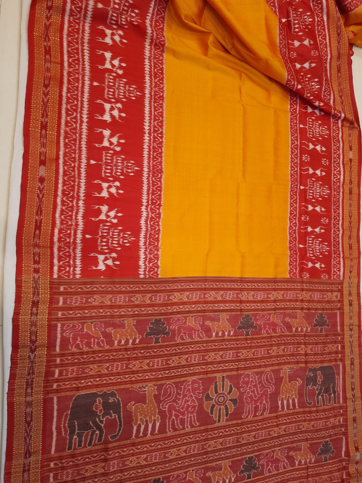Yellow Red Odisha Khandua Pata Silk Saree with running blouse piece