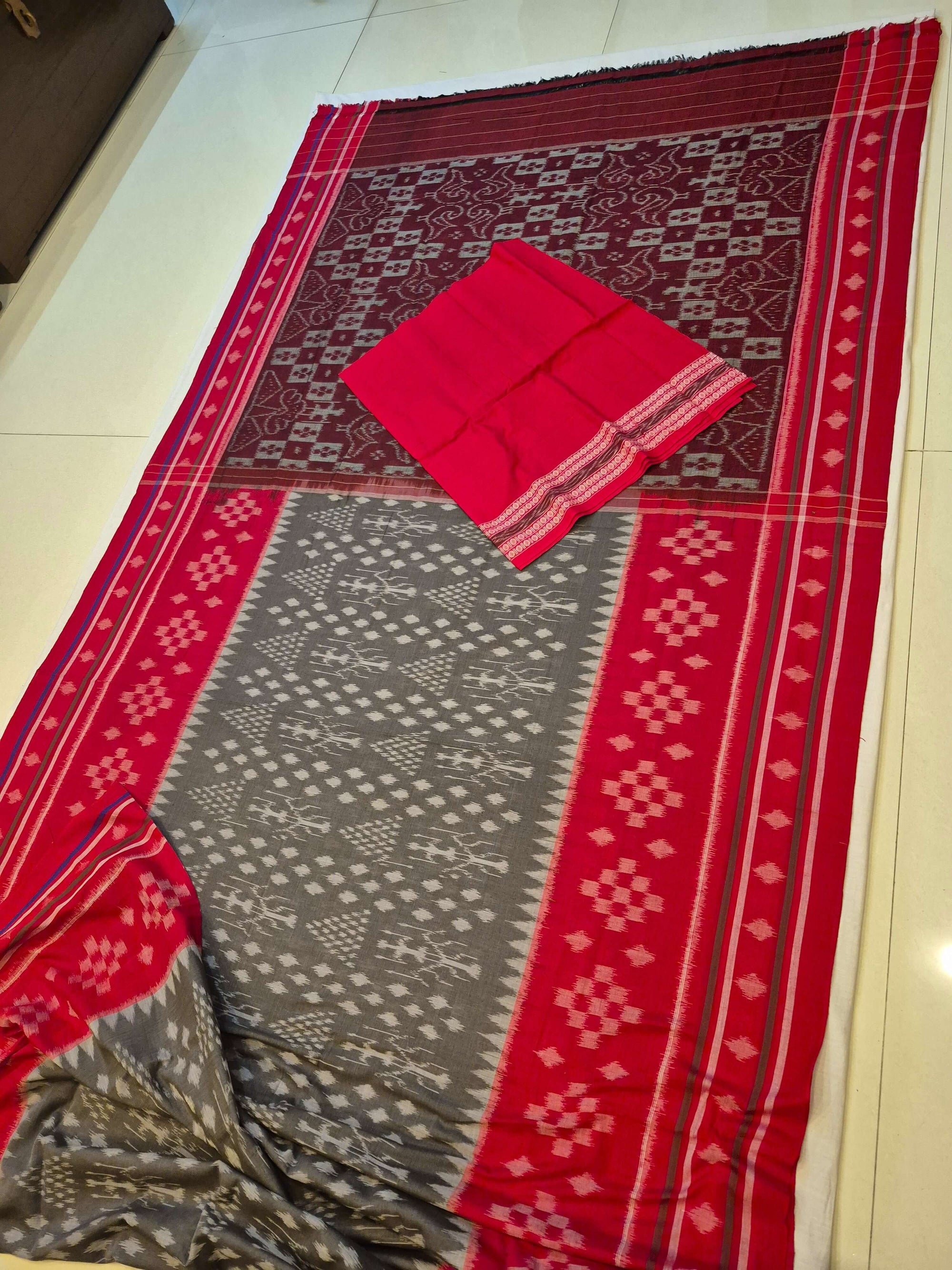 Grey with Red cotton Odisha Ikat Saree with matching cotton Ikat blouse piece