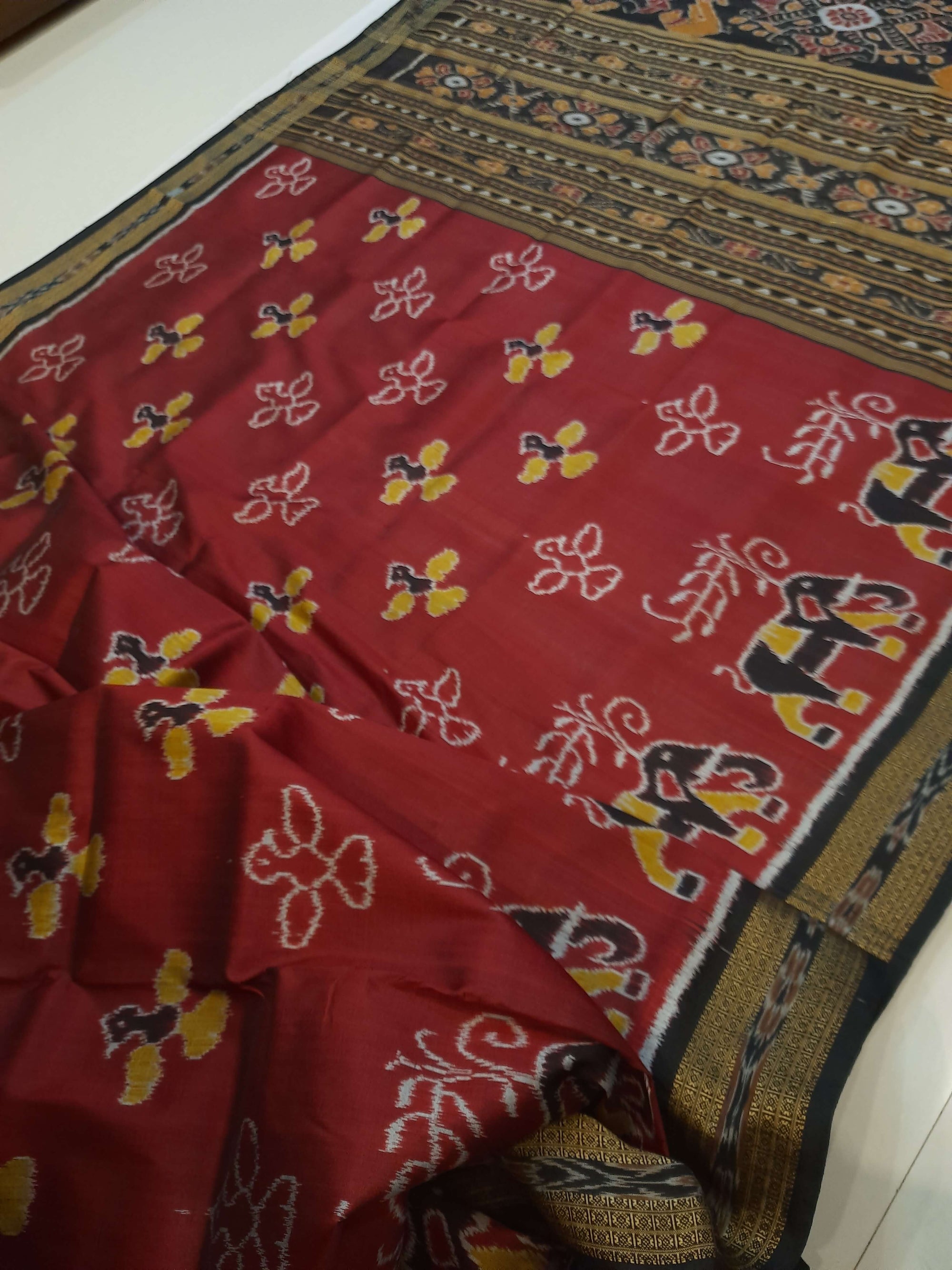 Maroon Odisha Khandua Pata Silk Saree with cotton ikat blouse piece
