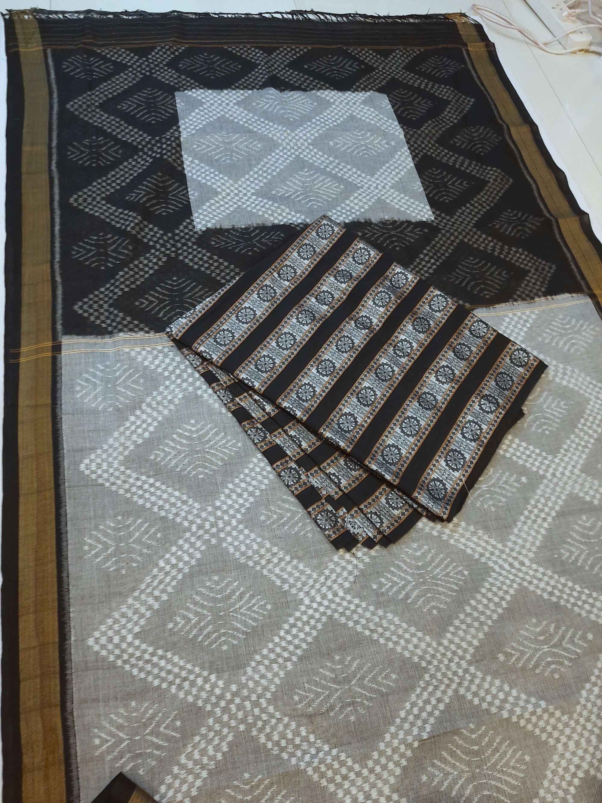 Grey Sambalpuri cotton Saree with mix match ikat blouse piece