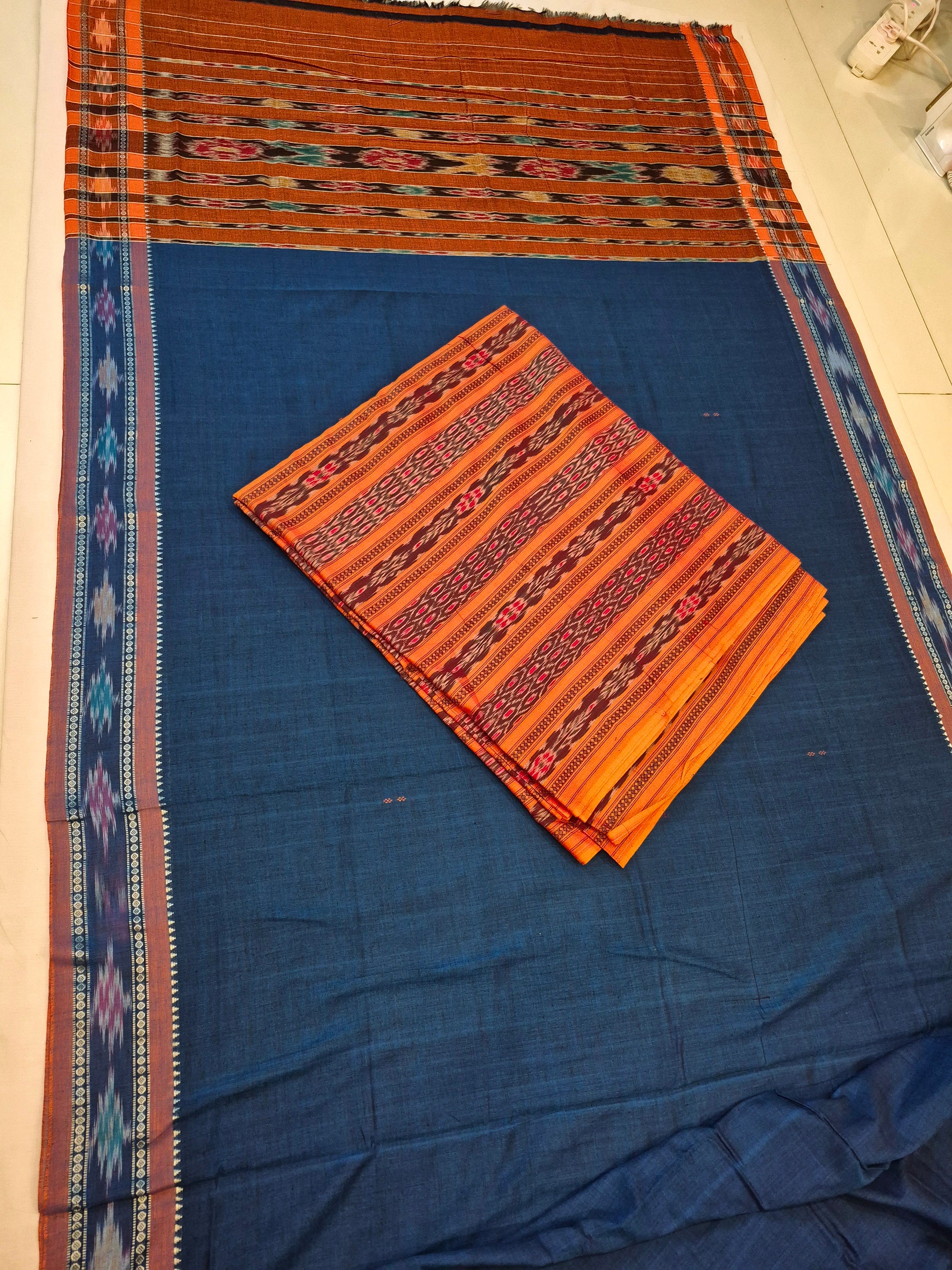 Blue Cotton Odisha Ikat saree  with mix match cotton ikat blouse
