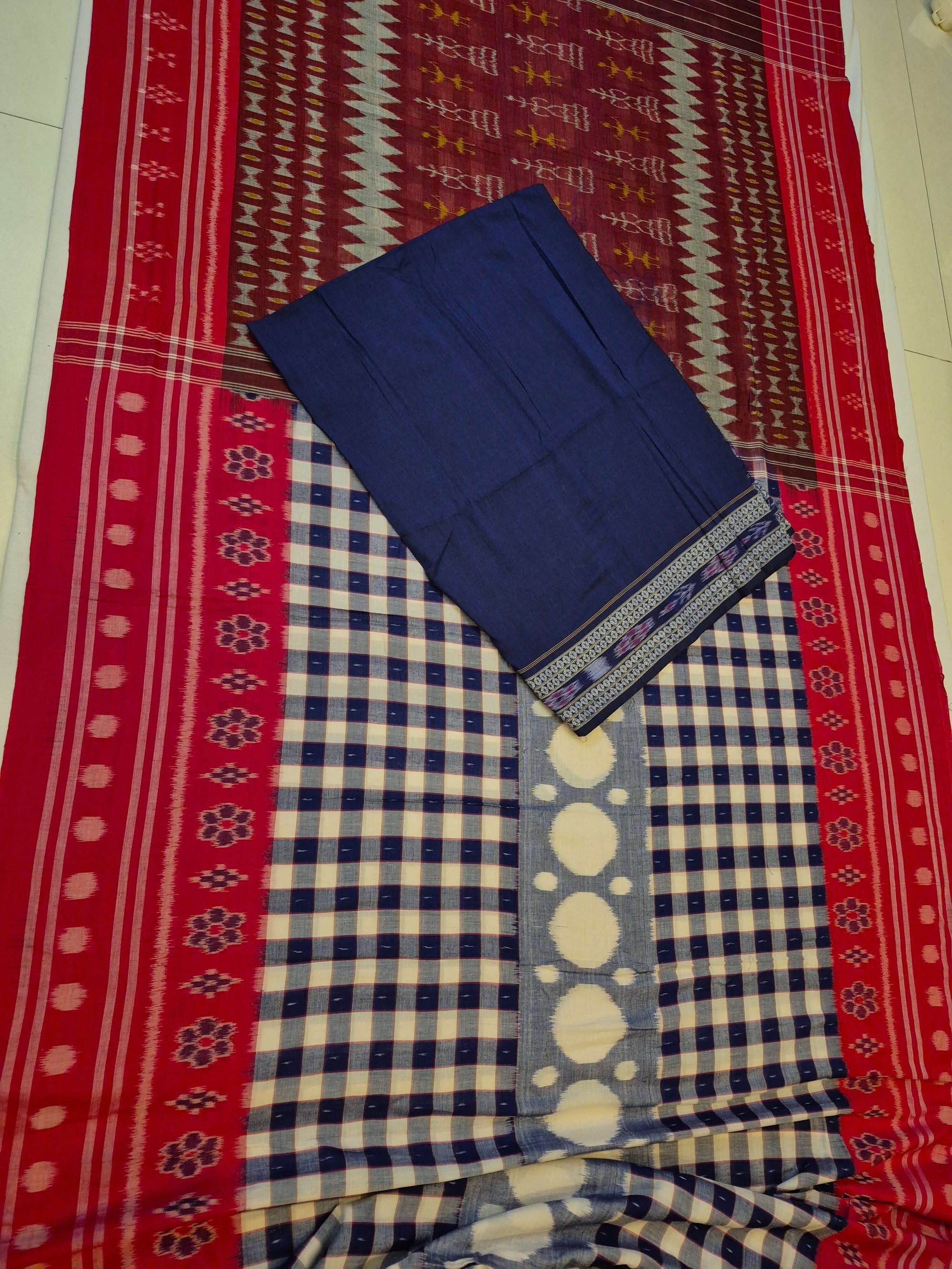 Blue with Red Cotton Odisha Ikat saree with cotton ikat blouse piece