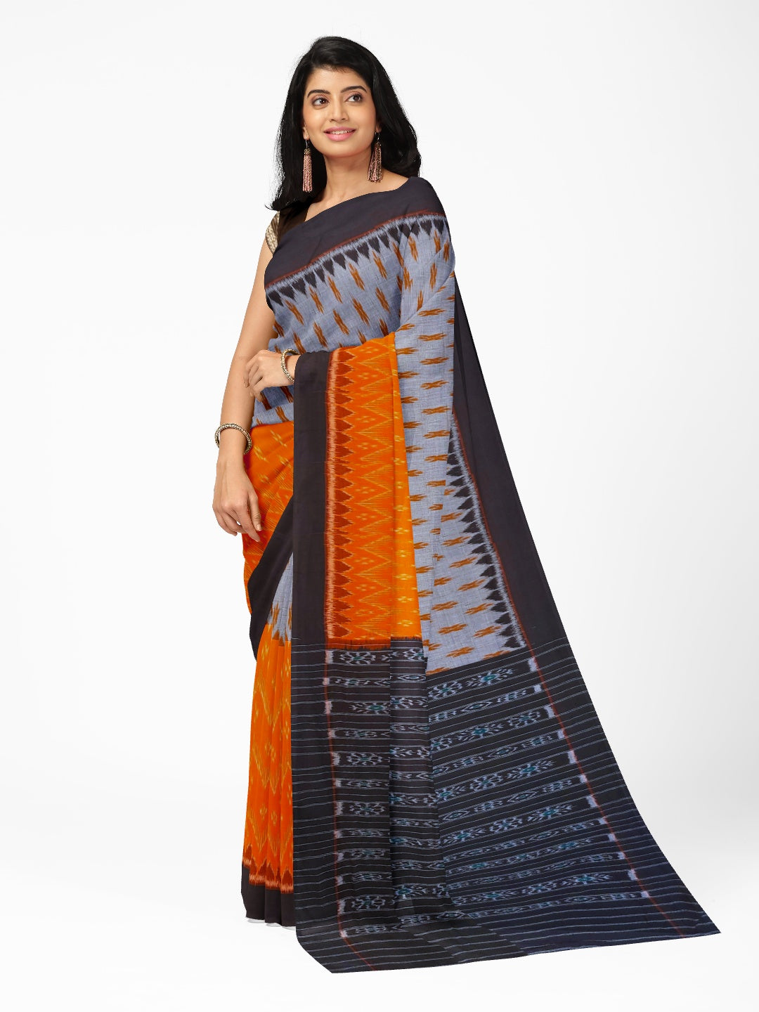 Grey Orange half half colored body Odisha Ikat saree with cotton ikat blouse piece