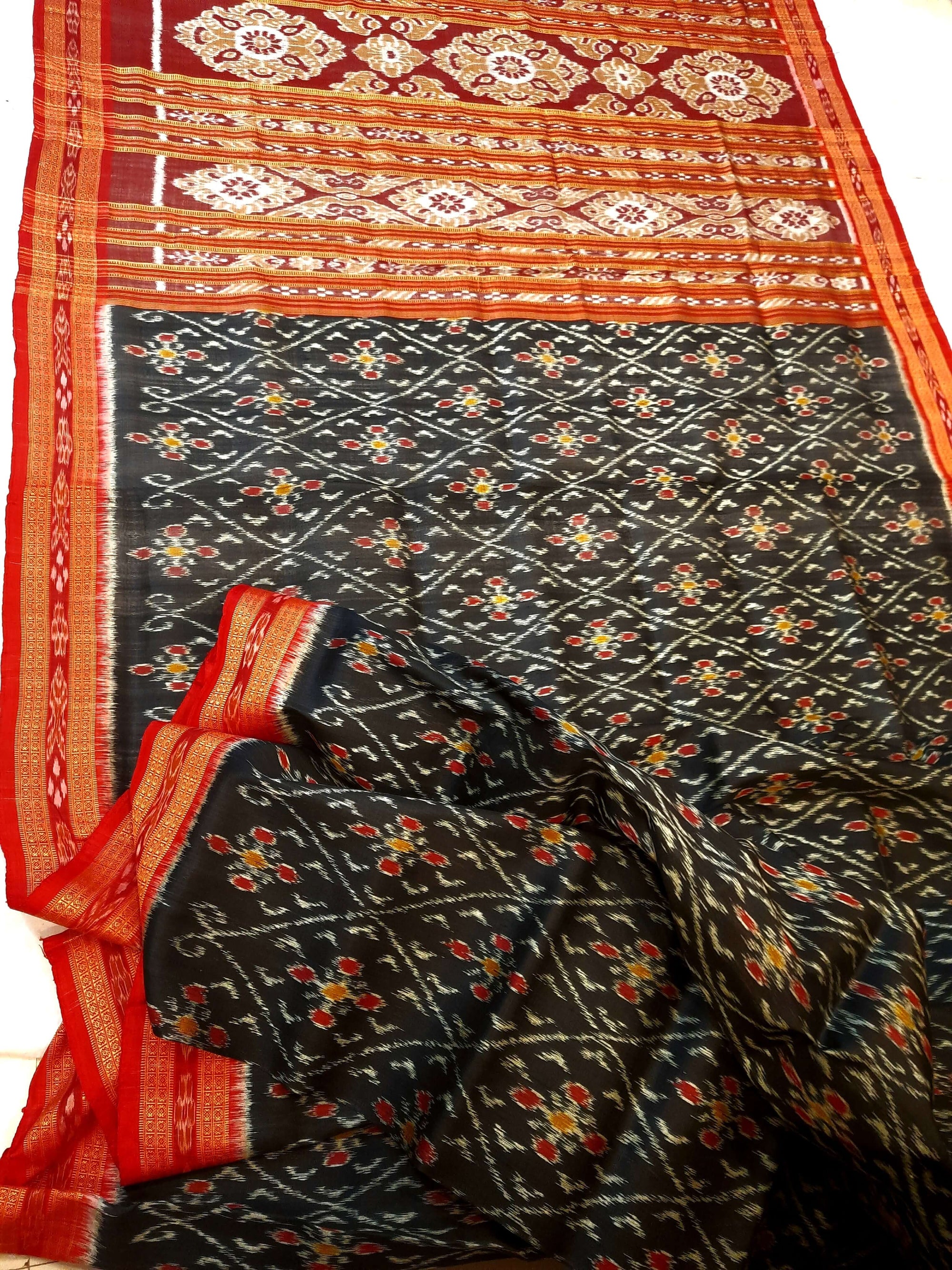 Black with Red Border Odisha Khandua Pata Silk Saree with cotton ikat blouse piece