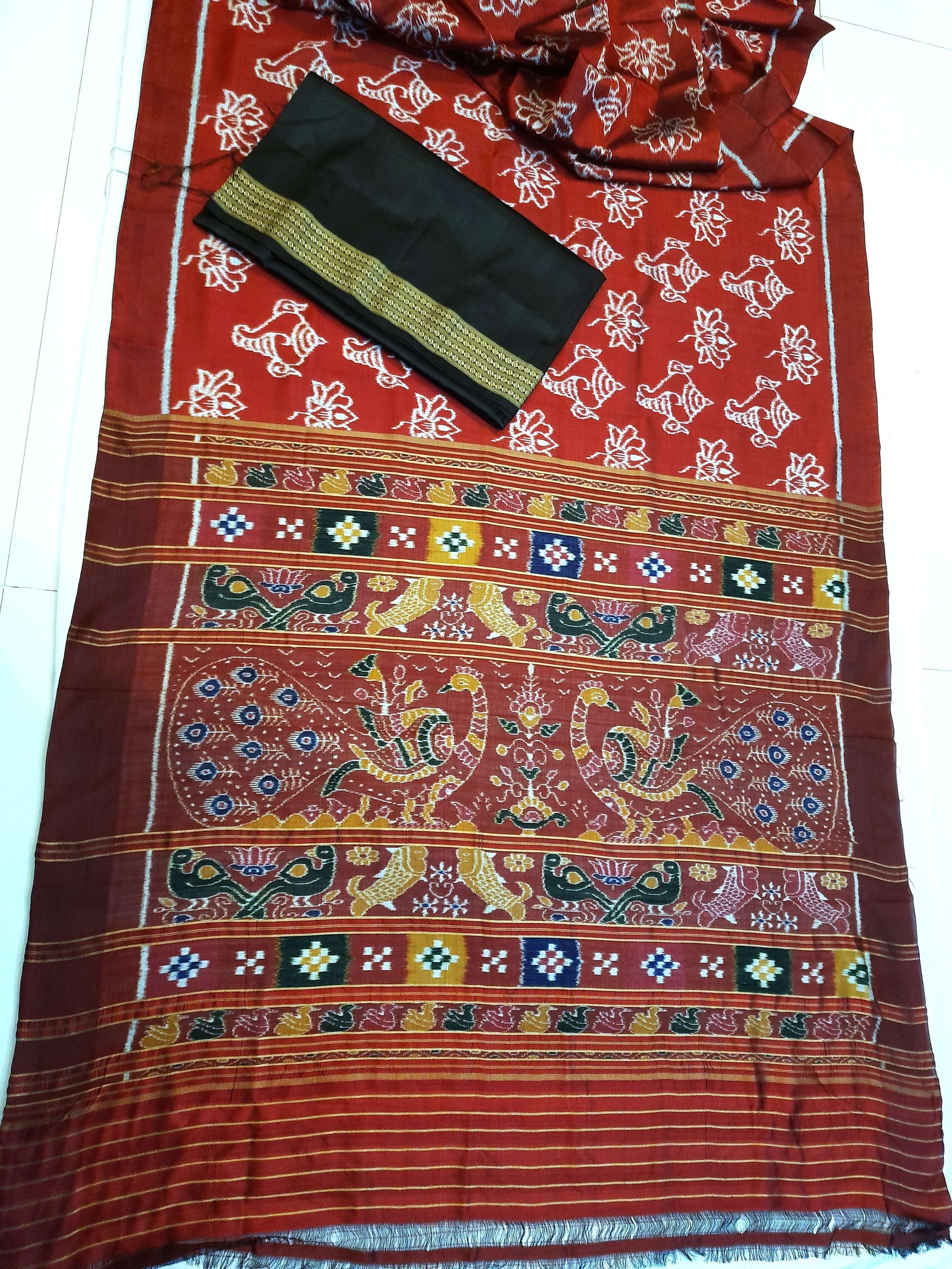 Maroon Odisha Khandua Pata Silk Saree with Silk Blouse piece