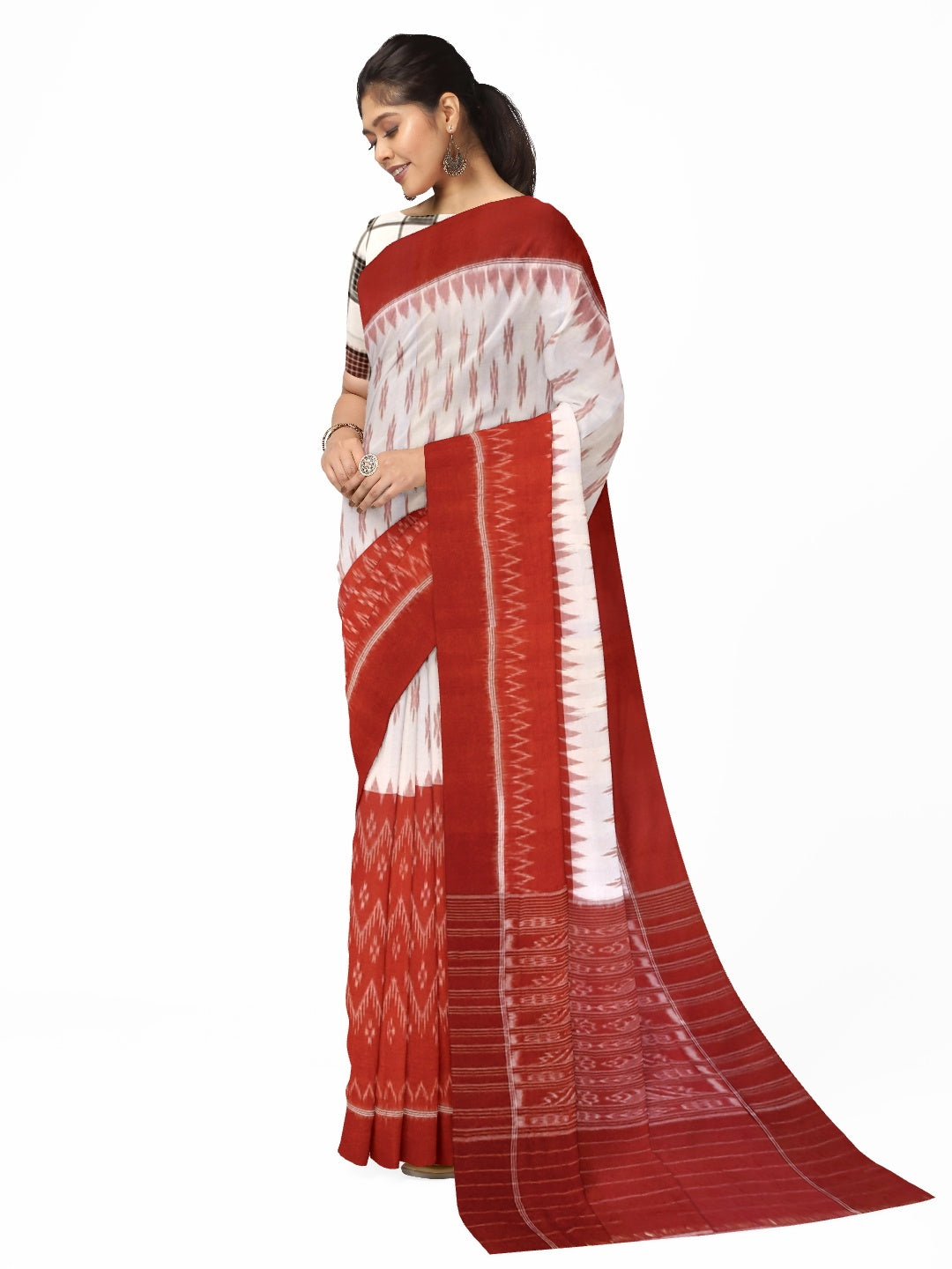 White and Red Cotton Odisha Ikat saree  with mix match cotton ikat blouse