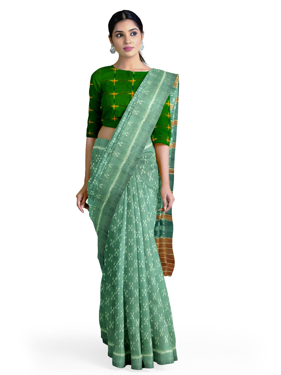 Green Cotton Odisha Ikat saree with mix match cotton ikat blouse piece
