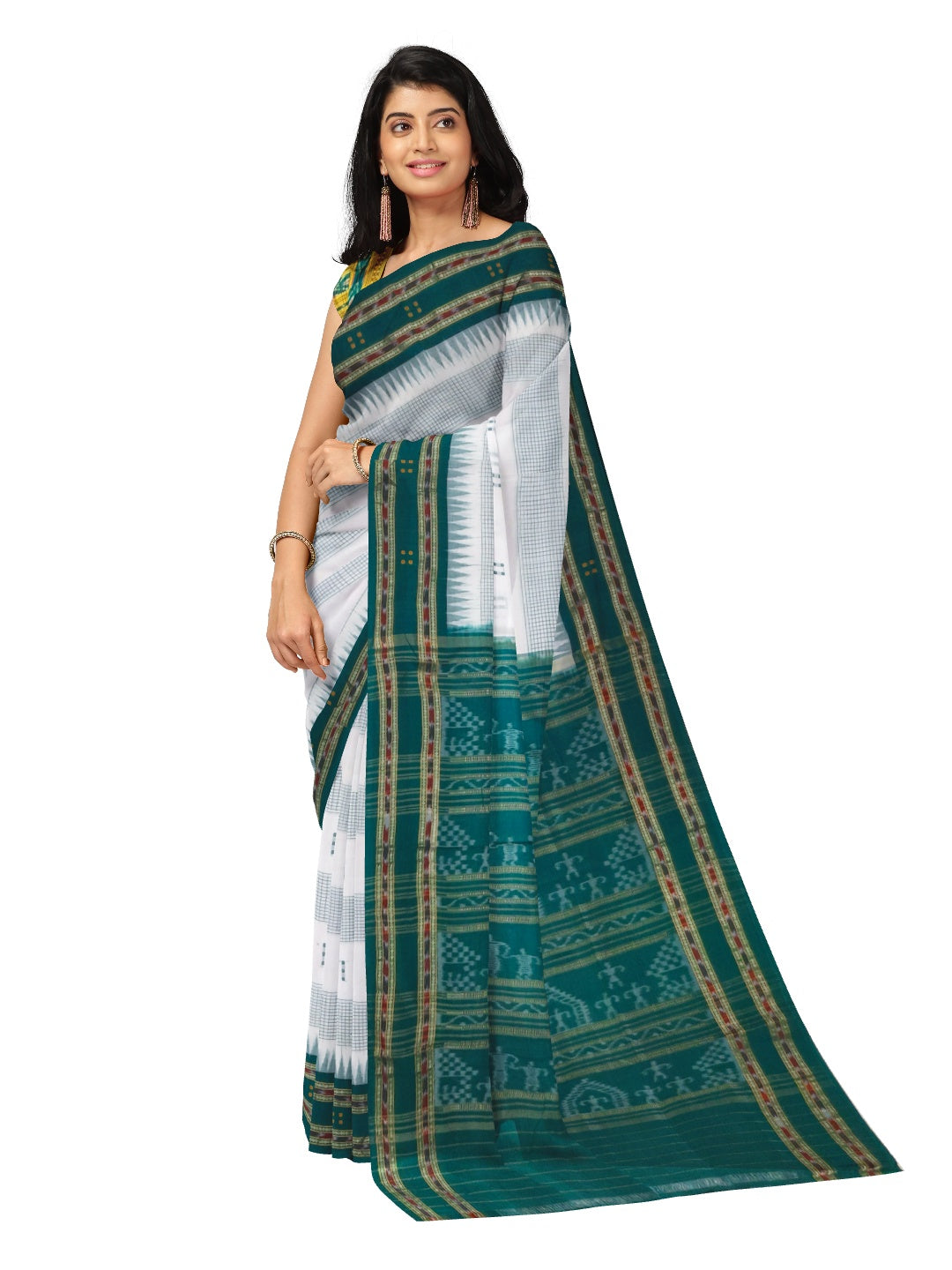 White with Green buti Cotton Odisha Ikat saree with mix match cotton ikat blouse