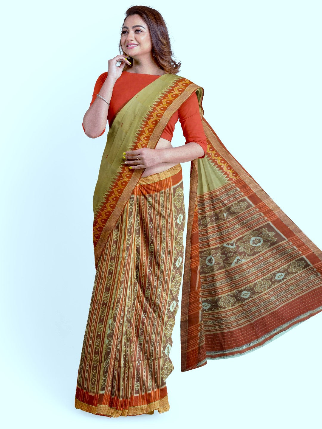 Light Greenish Beige Patli Pleats Odisha Khandua Pata Silk Saree