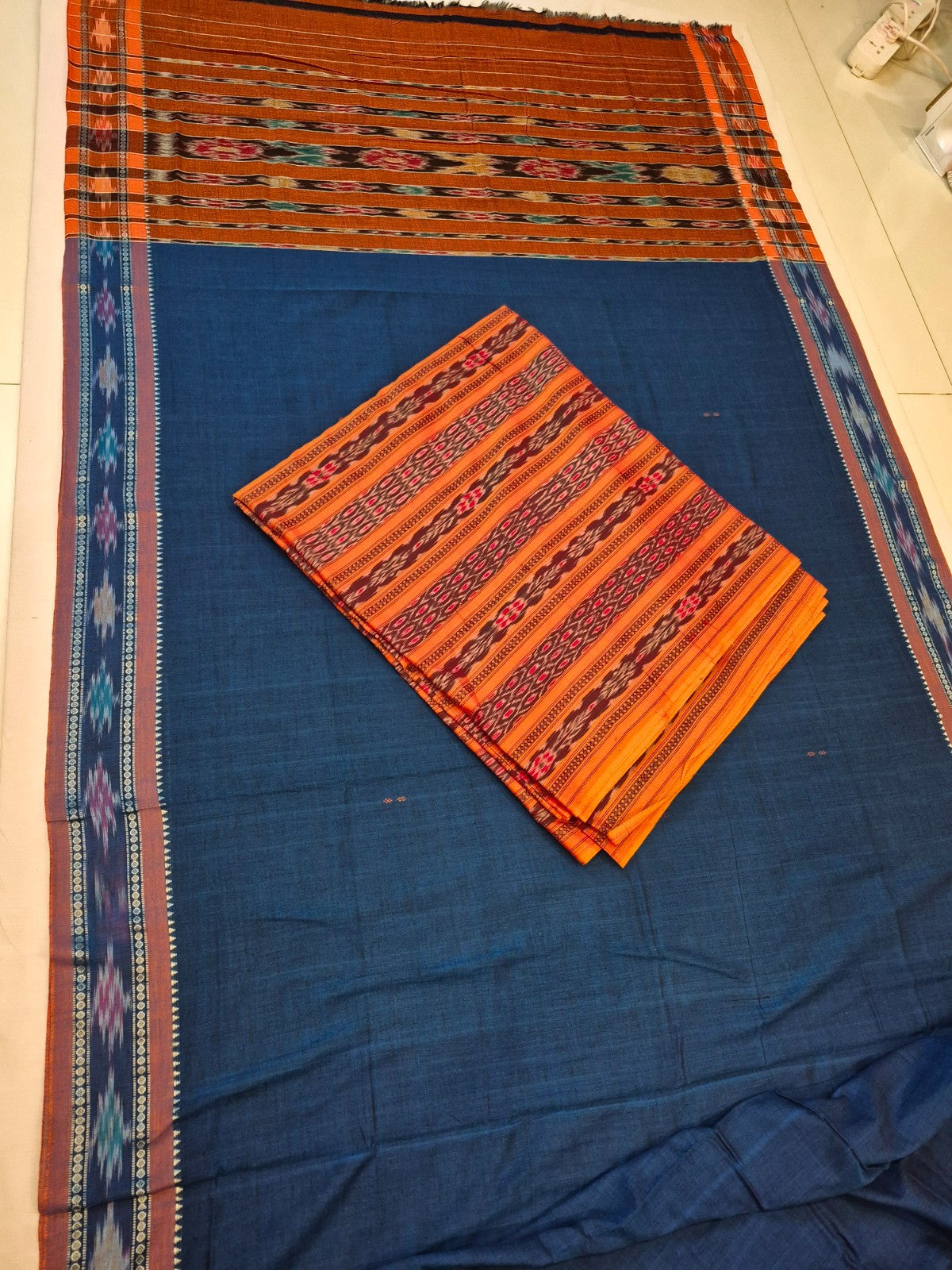 Blue Cotton Odisha Ikat saree  with mix match cotton ikat blouse