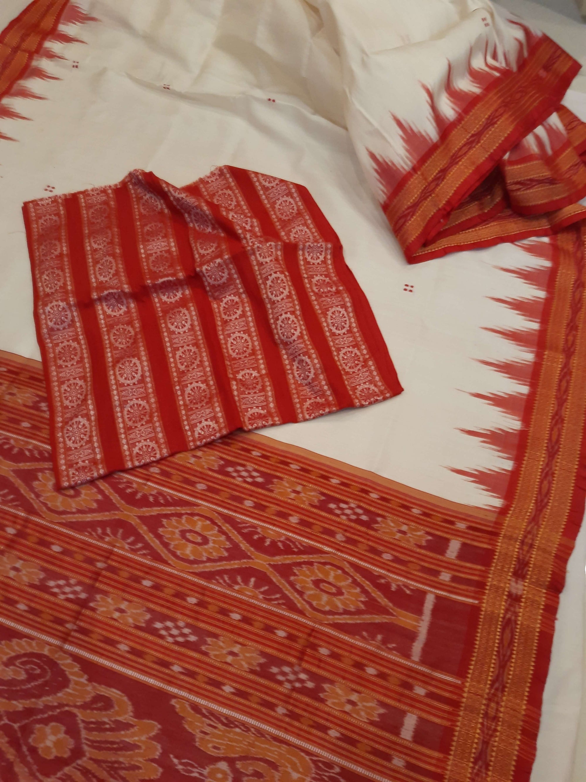 White Red Odisha Khandua Pata Silk Saree with cotton ikat blouse piece