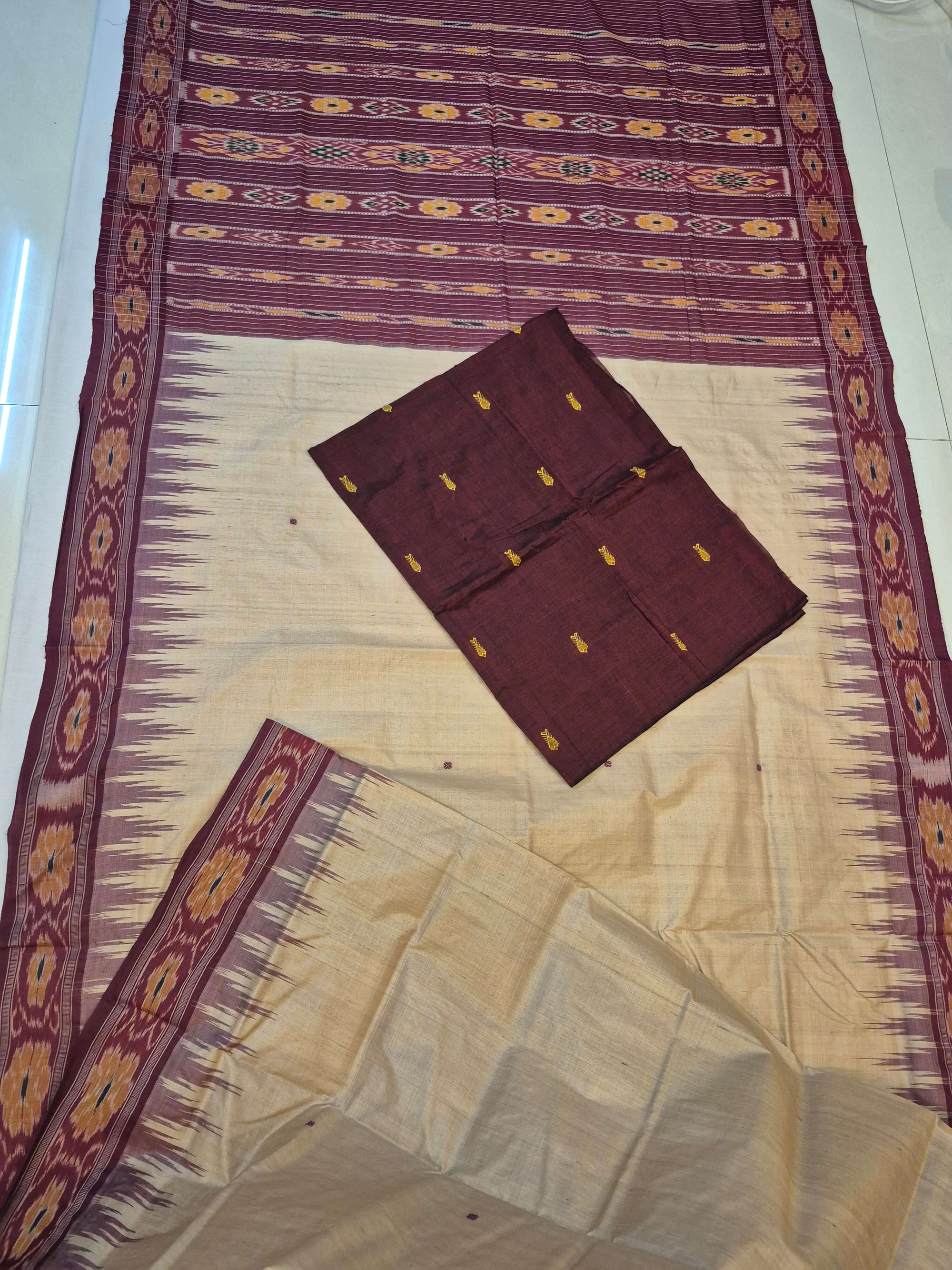 Beige with Maroon Tussar Silk Odisha Ikat Saree paired with cotton ikat blouse piece