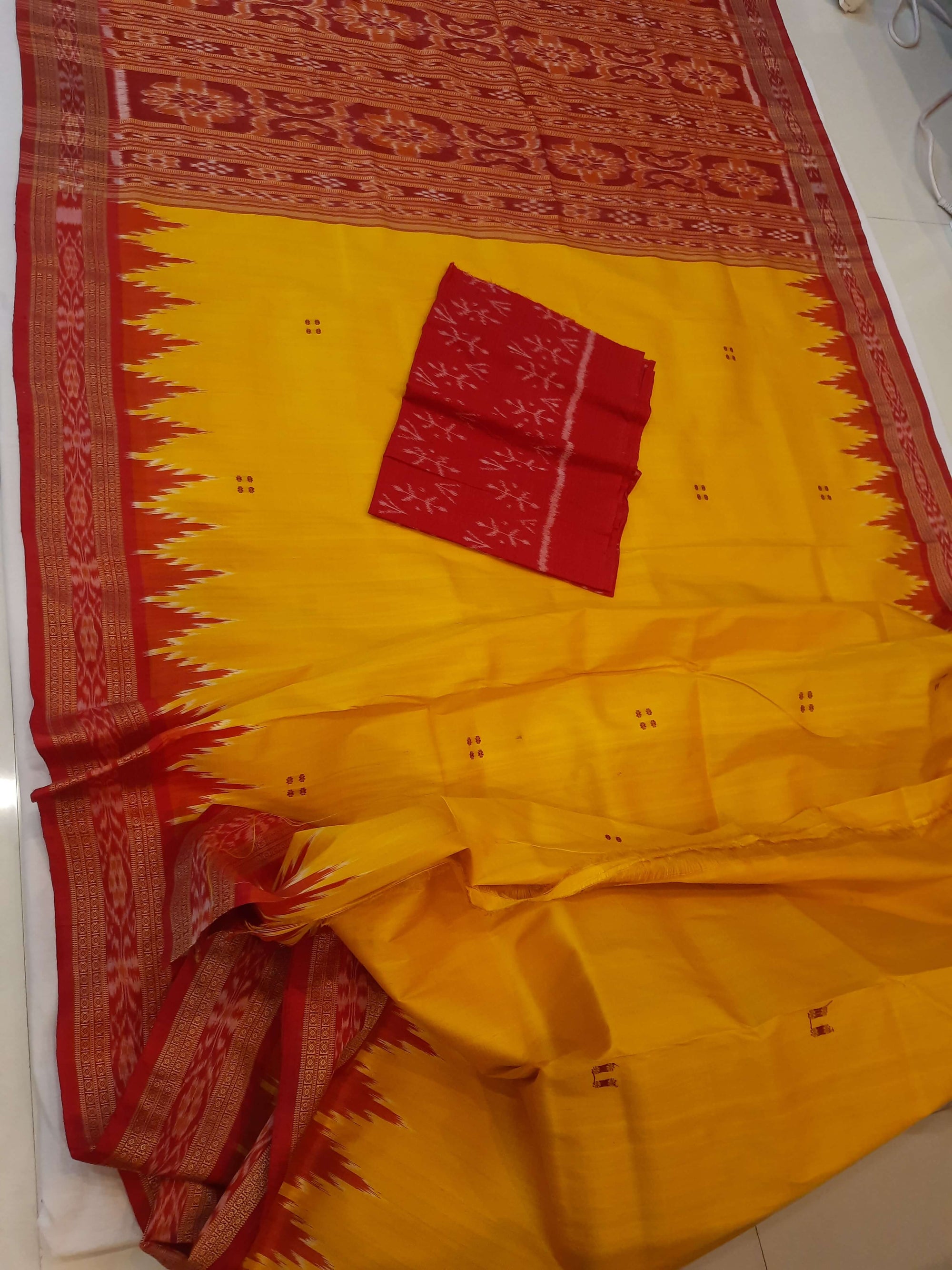 Yellow Red Odisha Khandua Pata Silk Saree with cotton ikat blouse piece