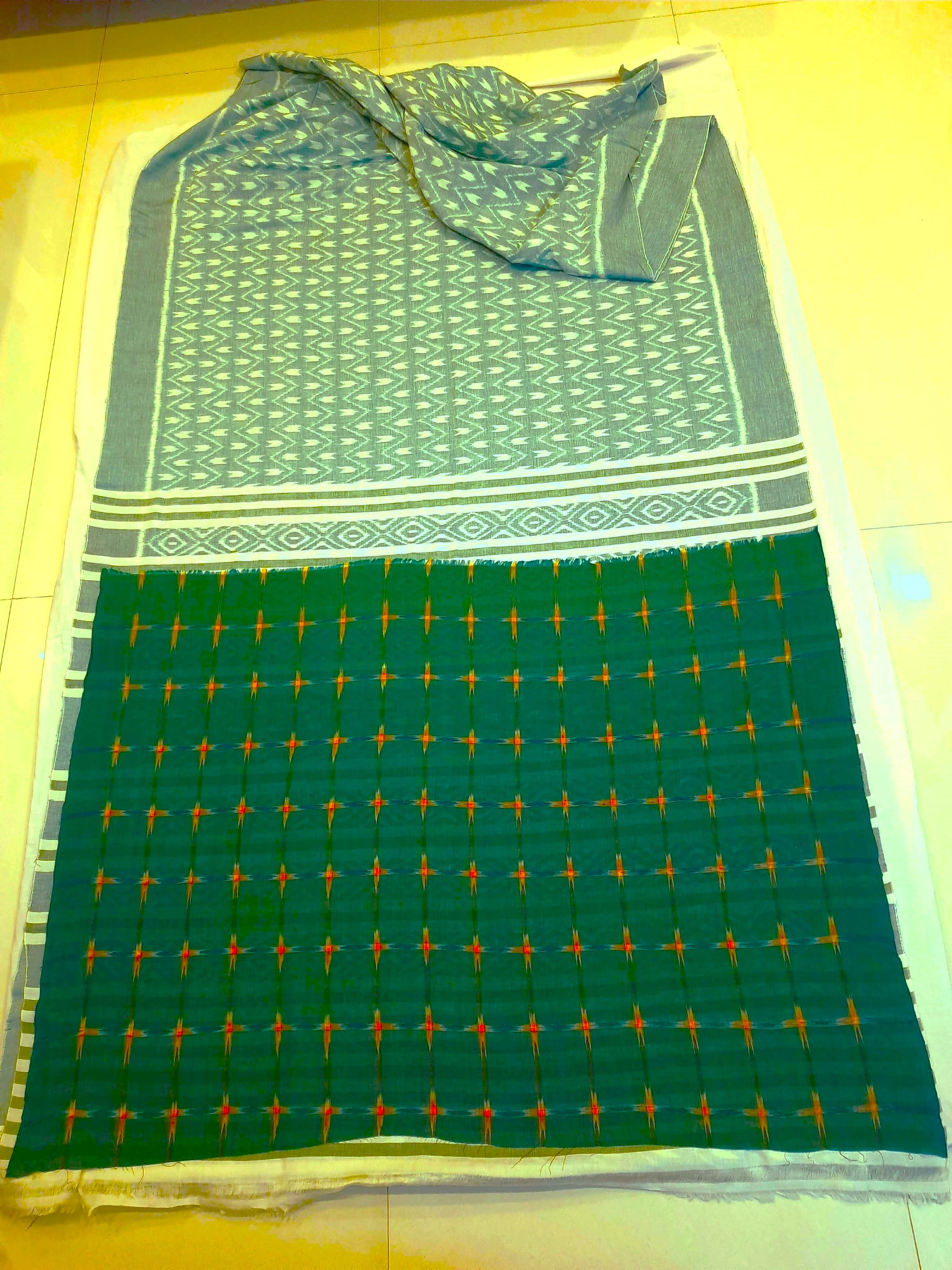 Green Cotton Odisha Ikat saree with mix match cotton ikat blouse piece