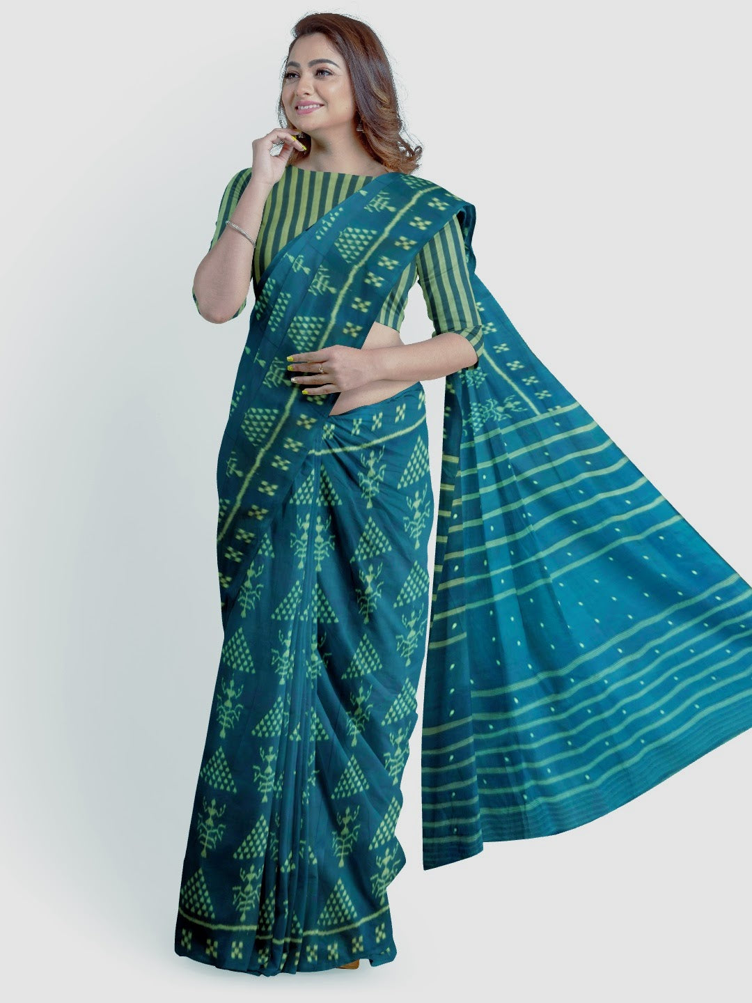 Blue Tribal motifs Odisha Khandua Pata Silk Saree with running blouse piece