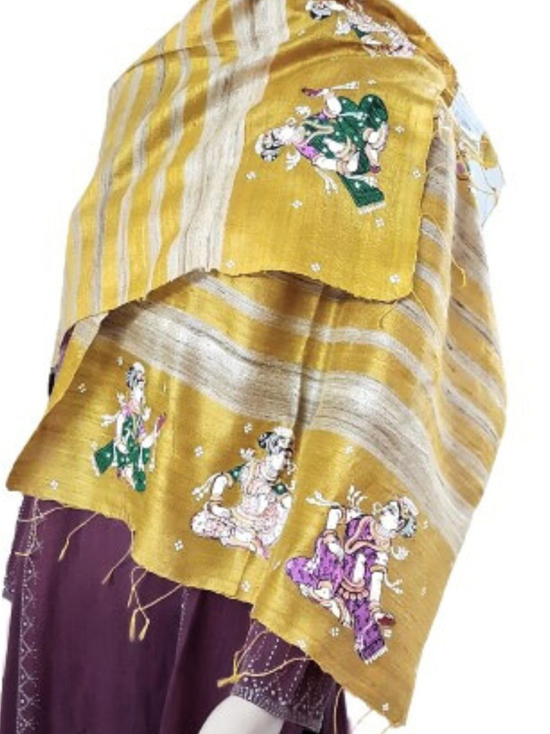 Yellow Tussar Silk Stole with handpainted Pattachitra Motifs