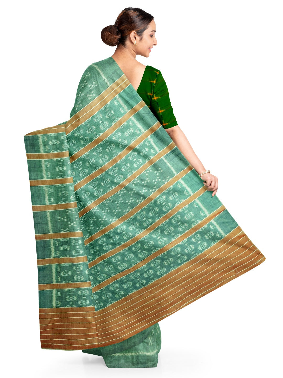 Green Cotton Odisha Ikat saree with mix match cotton ikat blouse piece