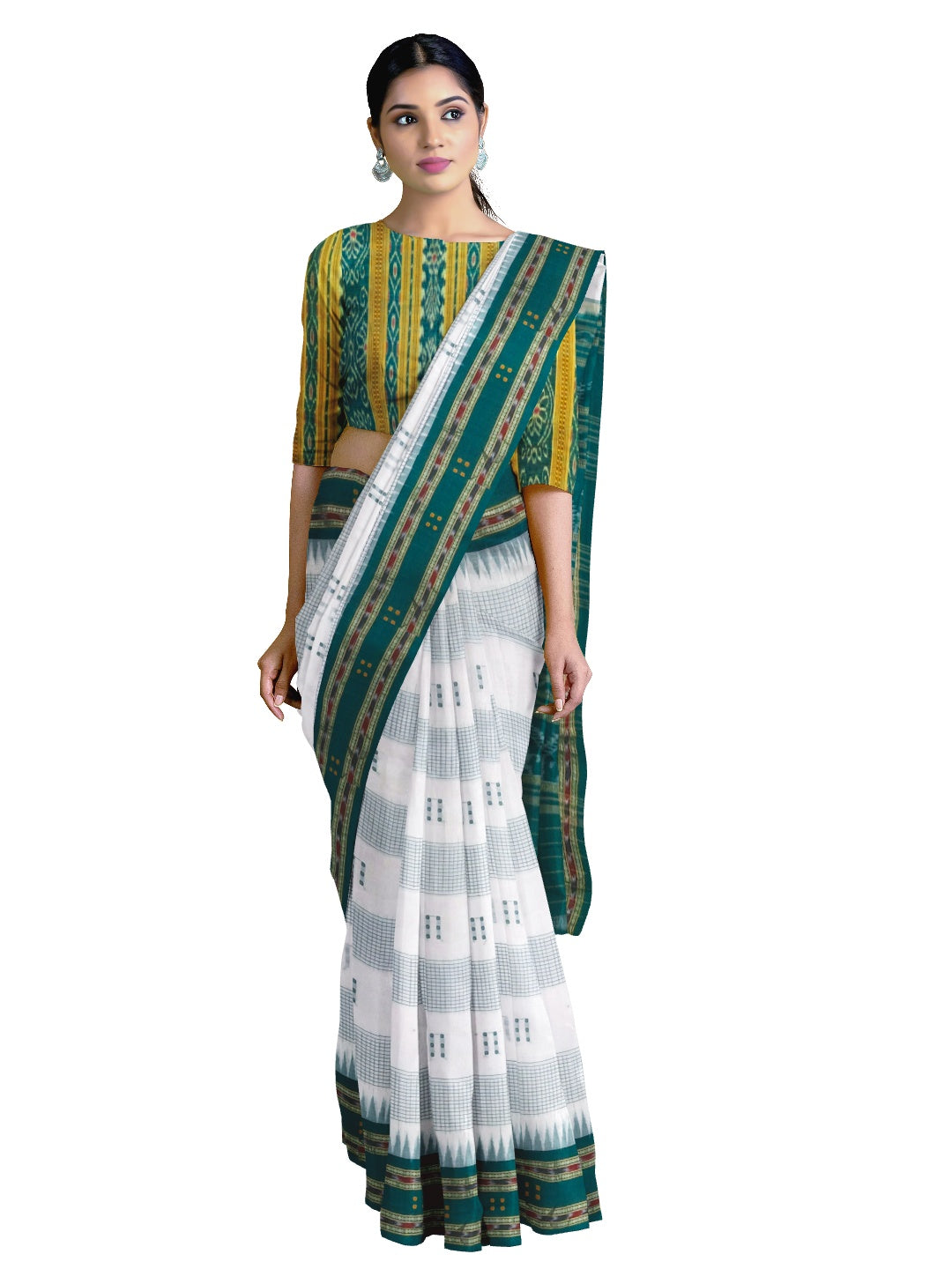 White with Green buti Cotton Odisha Ikat saree with mix match cotton ikat blouse