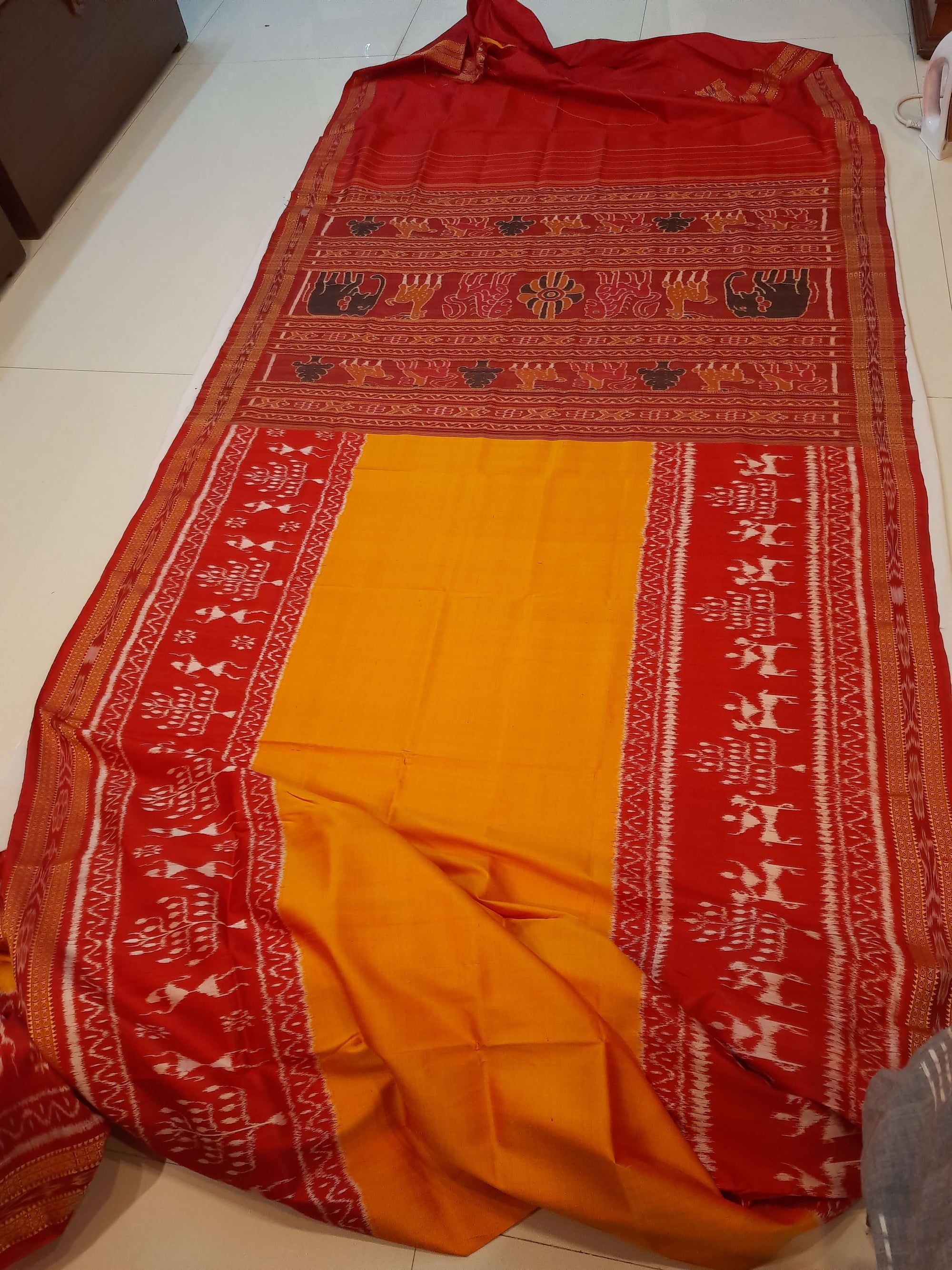 Yellow Red Odisha Khandua Pata Silk Saree with running blouse piece
