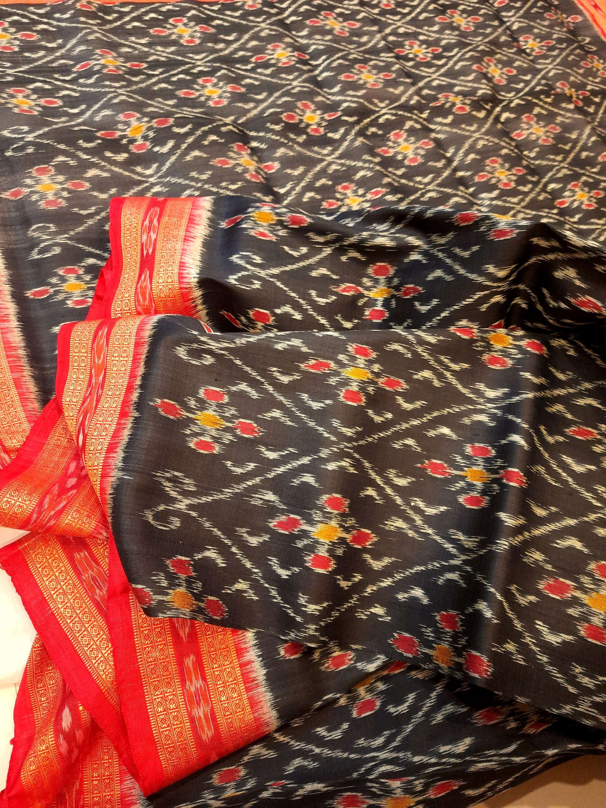 Black with Red Border Odisha Khandua Pata Silk Saree with cotton ikat blouse piece