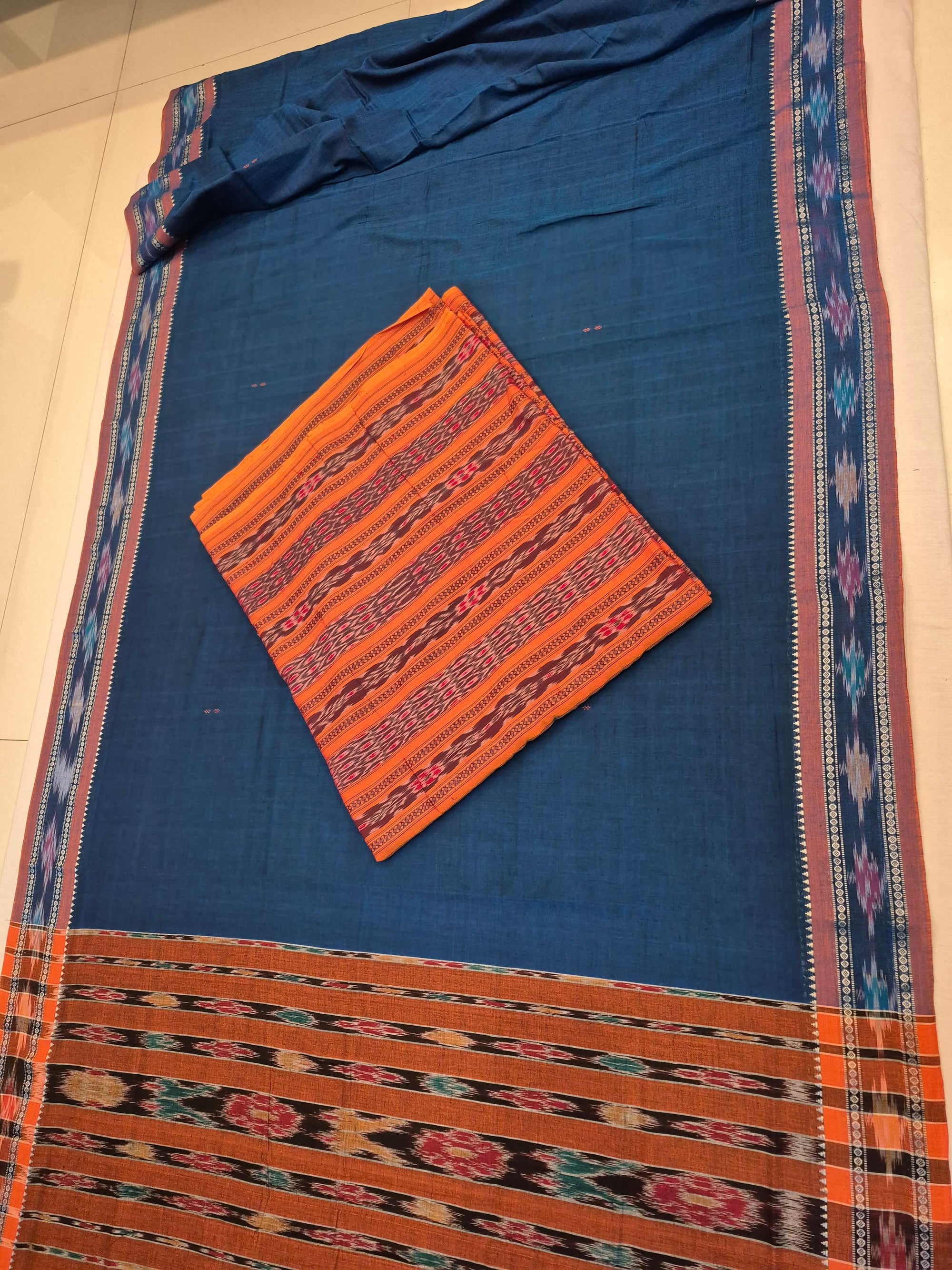 Blue Cotton Odisha Ikat saree  with mix match cotton ikat blouse