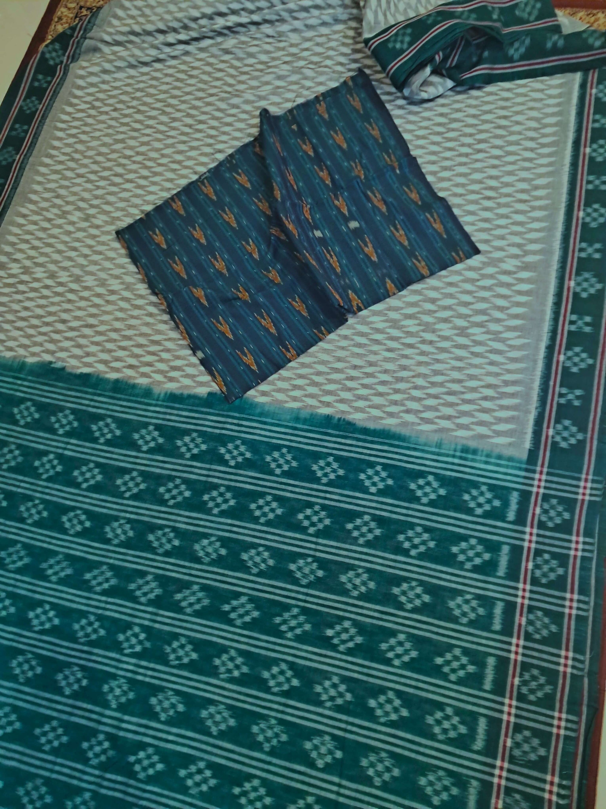 Off_White with Green Cotton Odisha Ikat saree with mix match cotton ikat blouse piece
