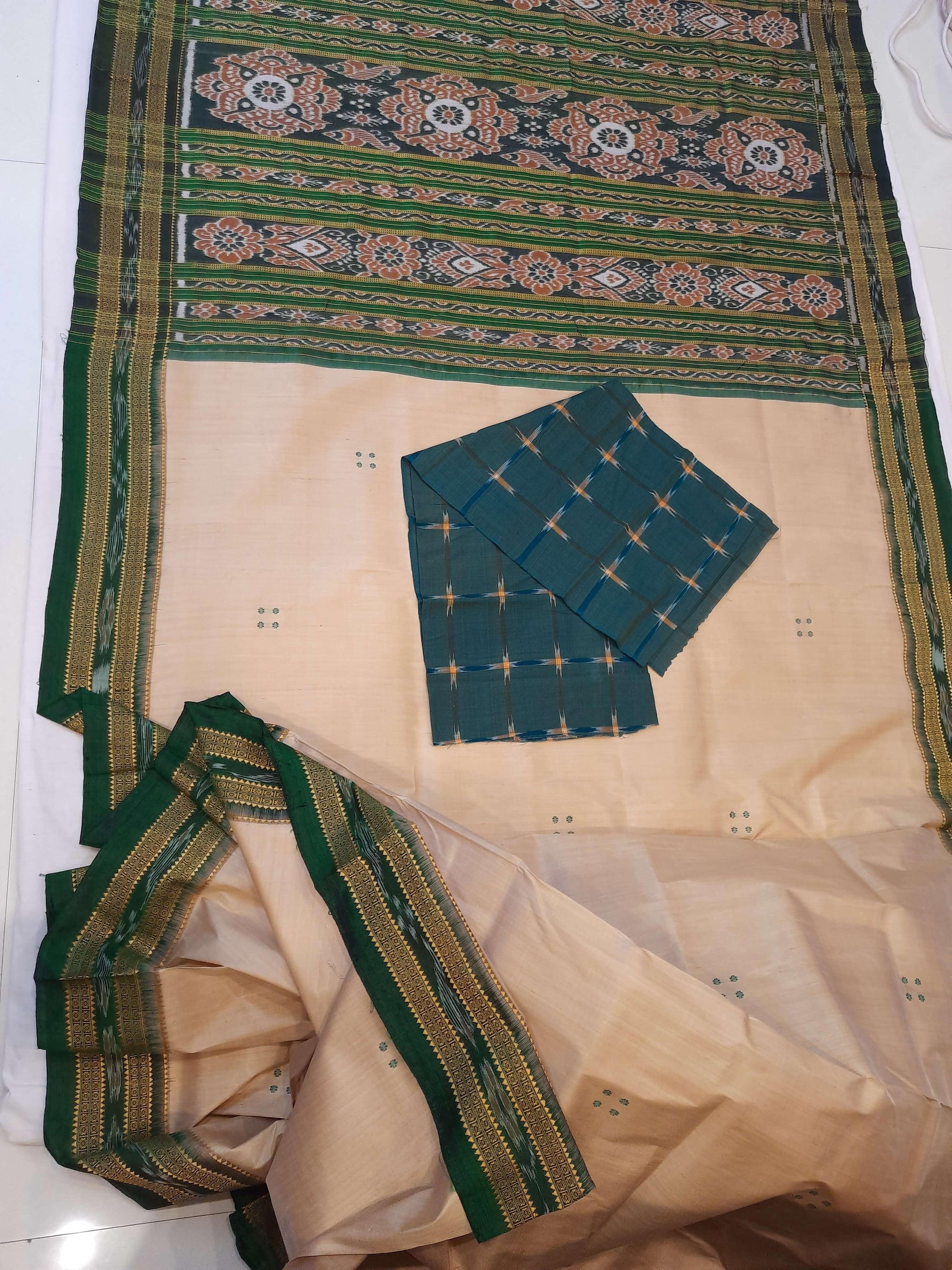 Beige with Green Odisha Khandua Pata Silk Saree with cotton ikat blouse piece