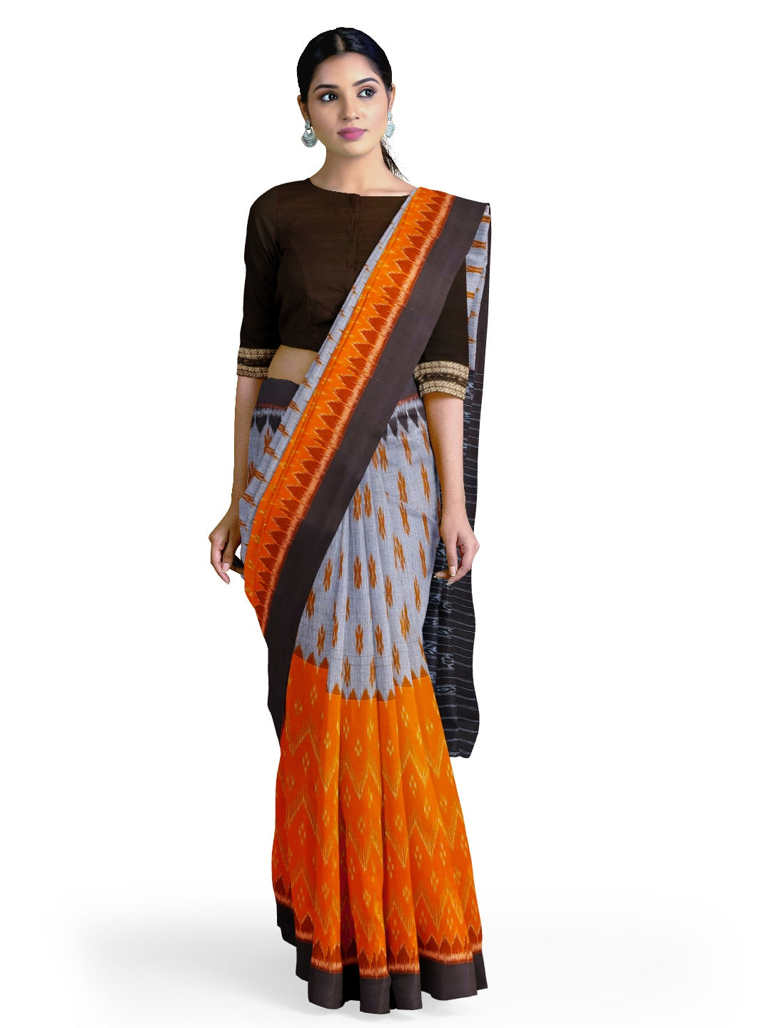 Grey Orange half half colored body Odisha Ikat saree with cotton ikat blouse piece