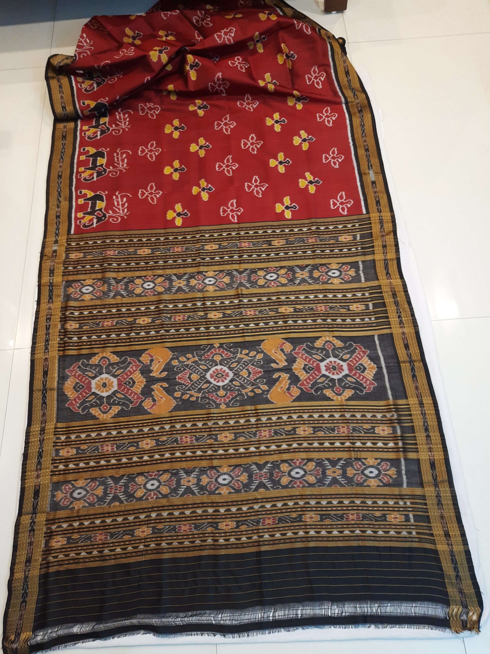 Maroon Odisha Khandua Pata Silk Saree with cotton ikat blouse piece
