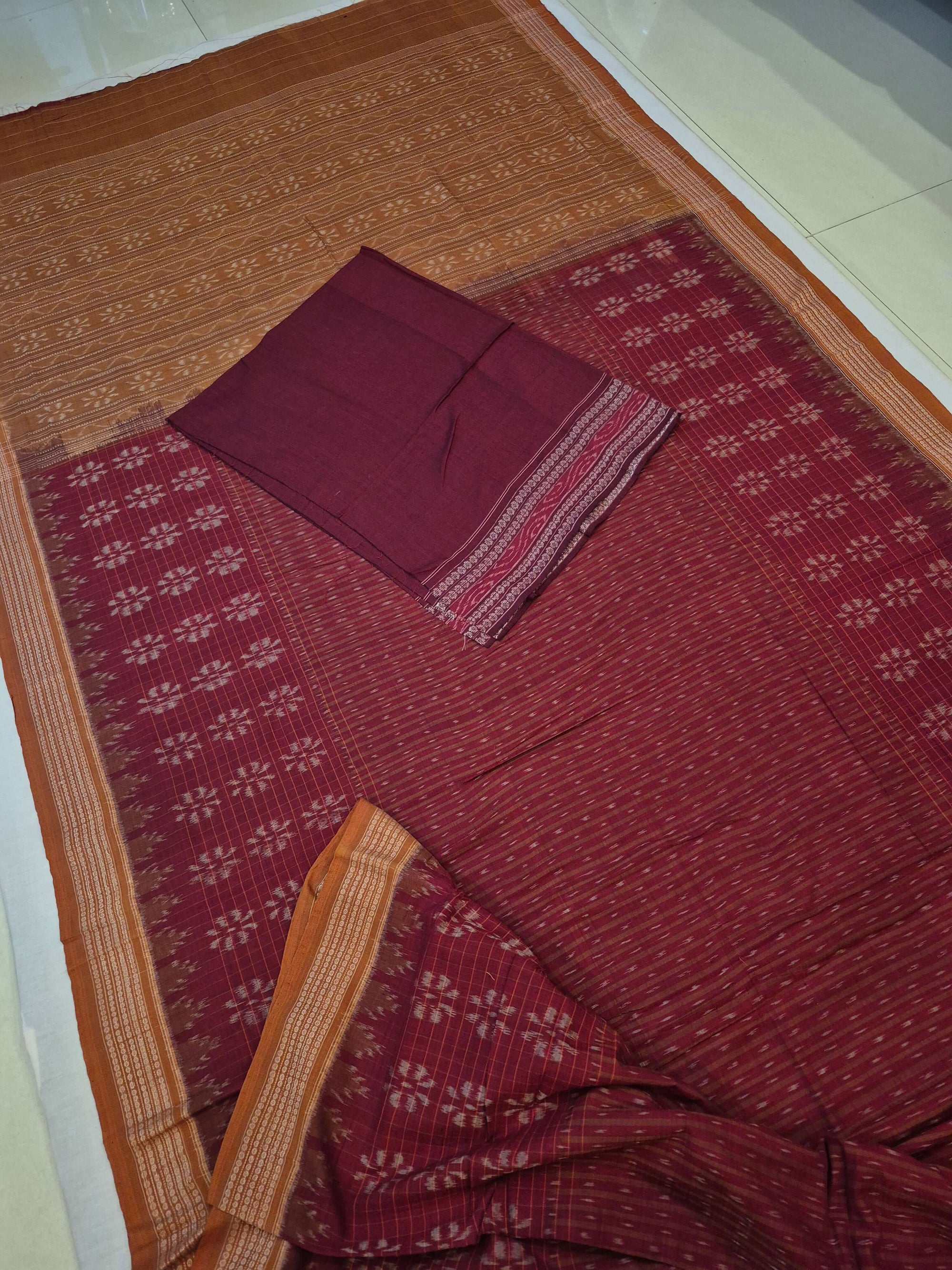 Maroon Sambalpuri Cotton Saree with cotton ikat blouse piece