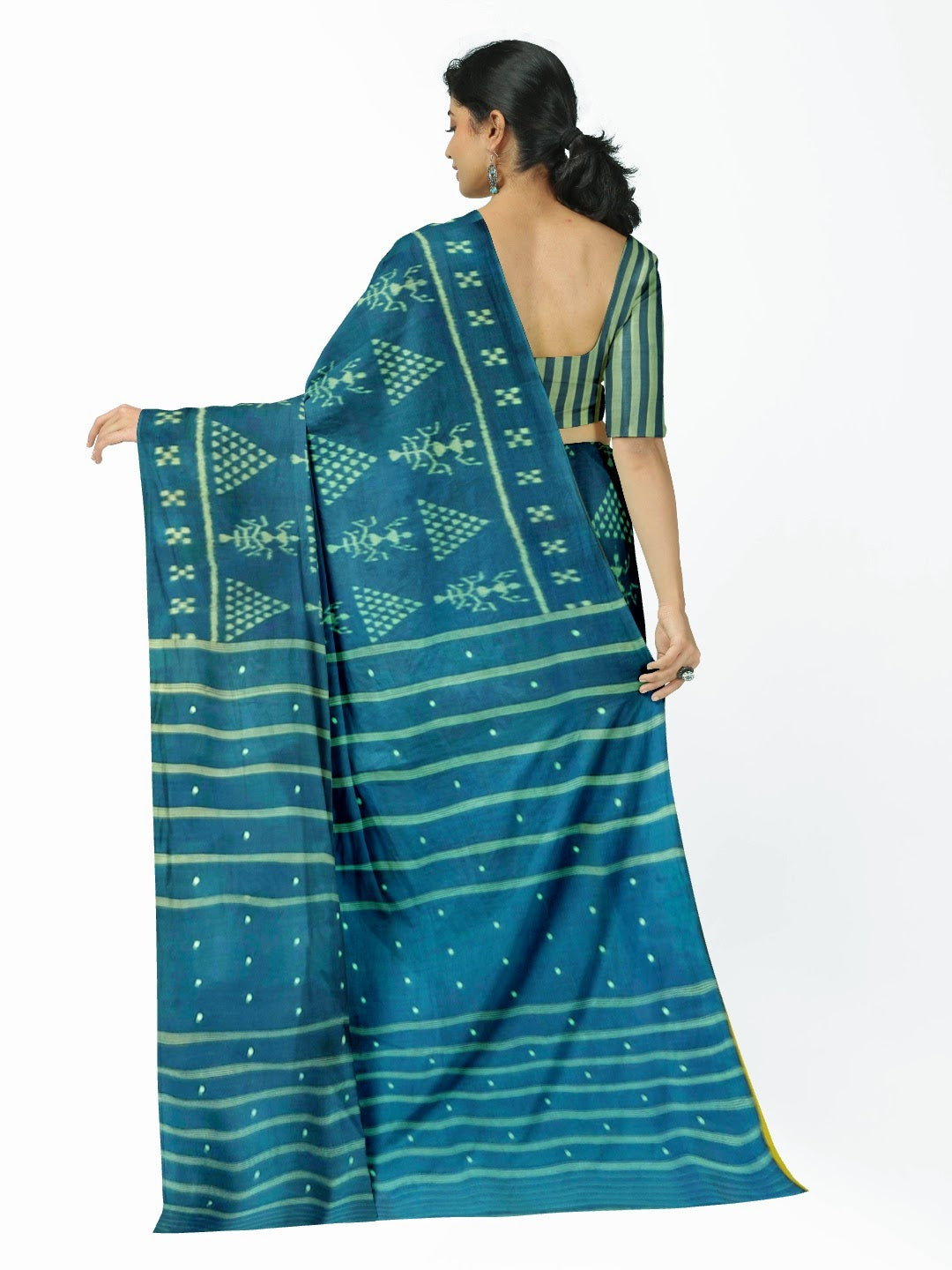 Blue Tribal motifs Odisha Khandua Pata Silk Saree with running blouse piece