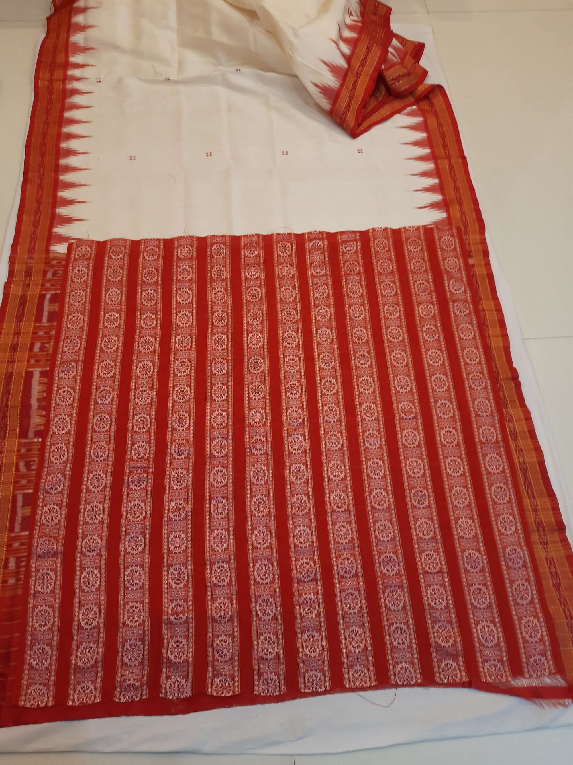 White Red Odisha Khandua Pata Silk Saree with cotton ikat blouse piece