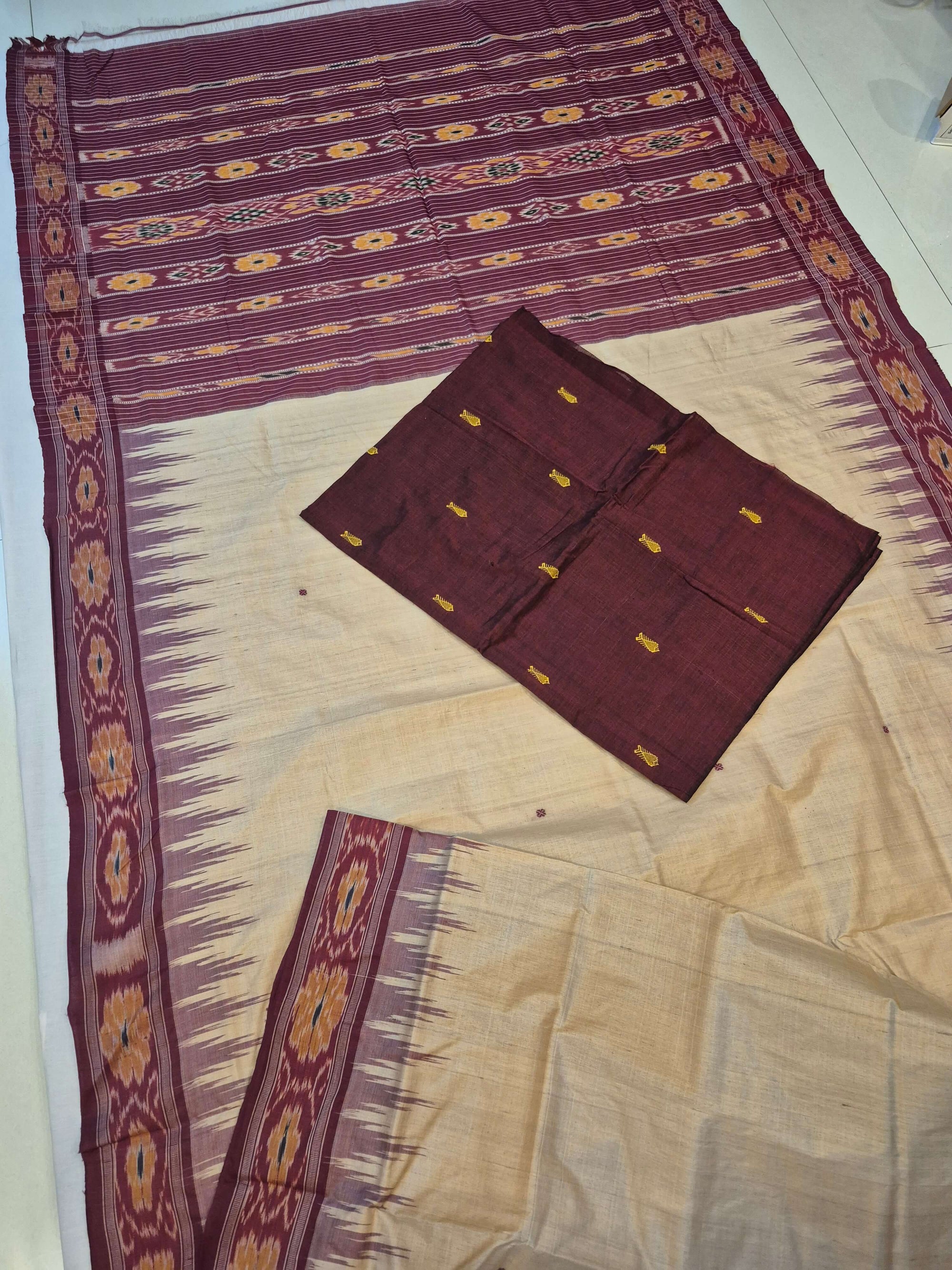 Beige with Maroon Tussar Silk Odisha Ikat Saree paired with cotton ikat blouse piece