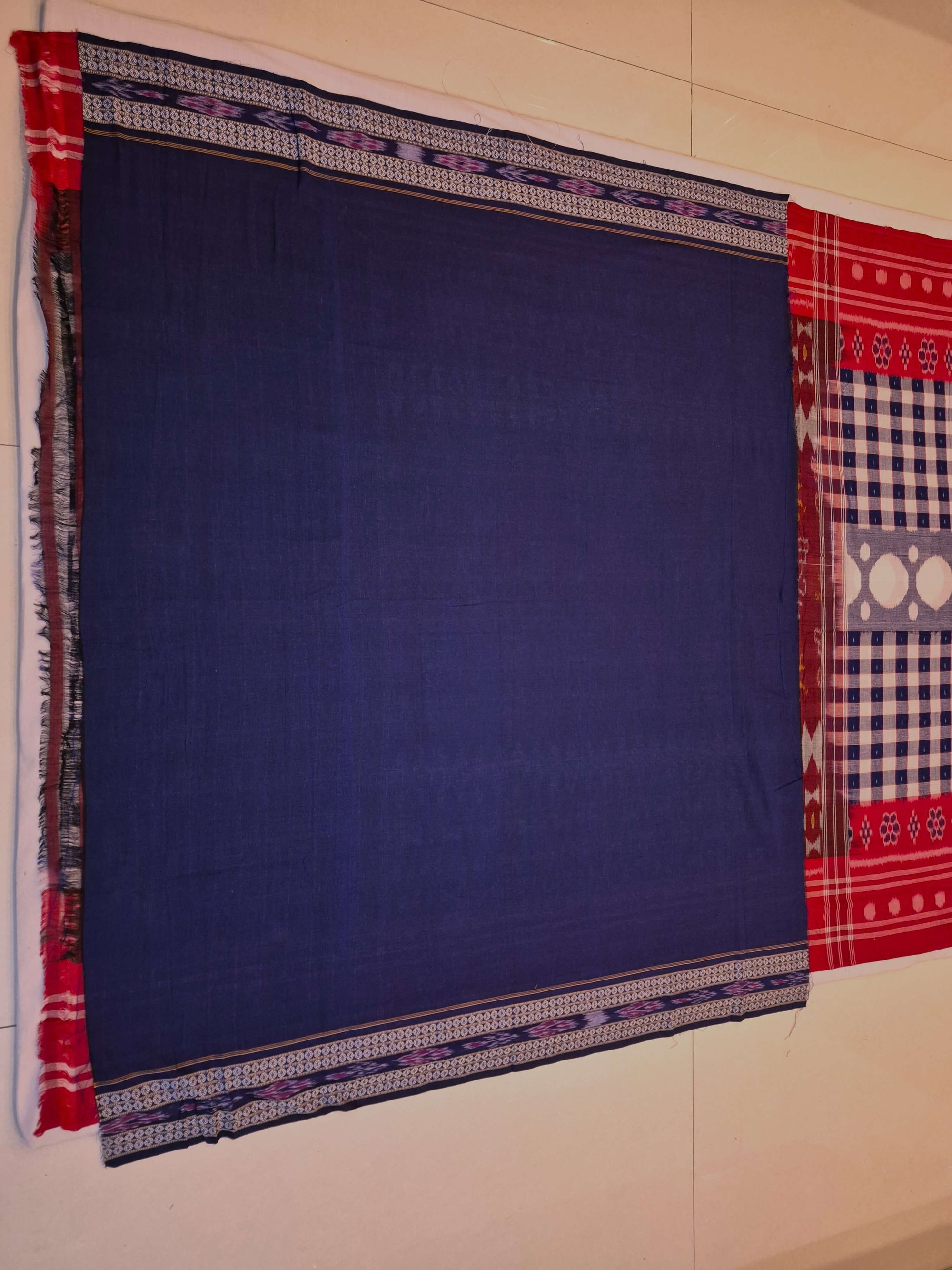 Blue with Red Cotton Odisha Ikat saree with cotton ikat blouse piece