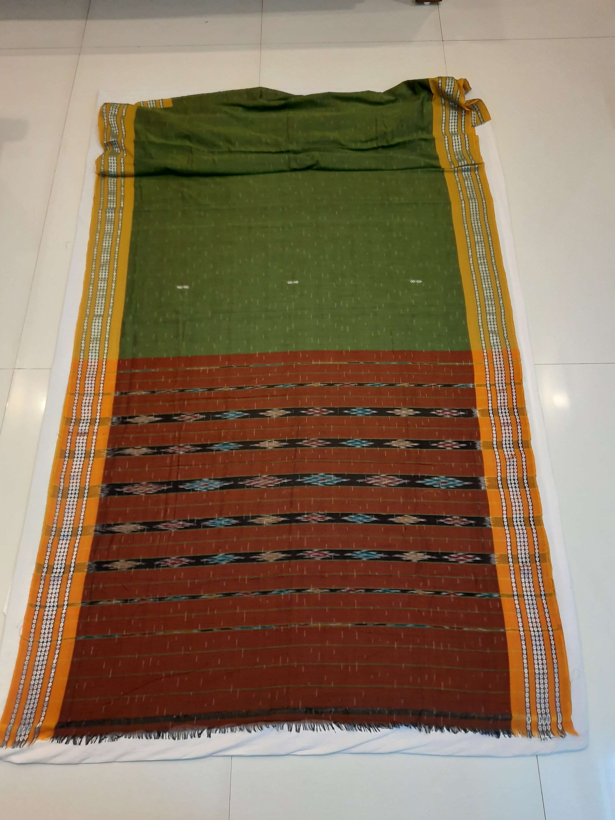 Olive Green Cotton Odisha Ikat saree with mix match blouse piece