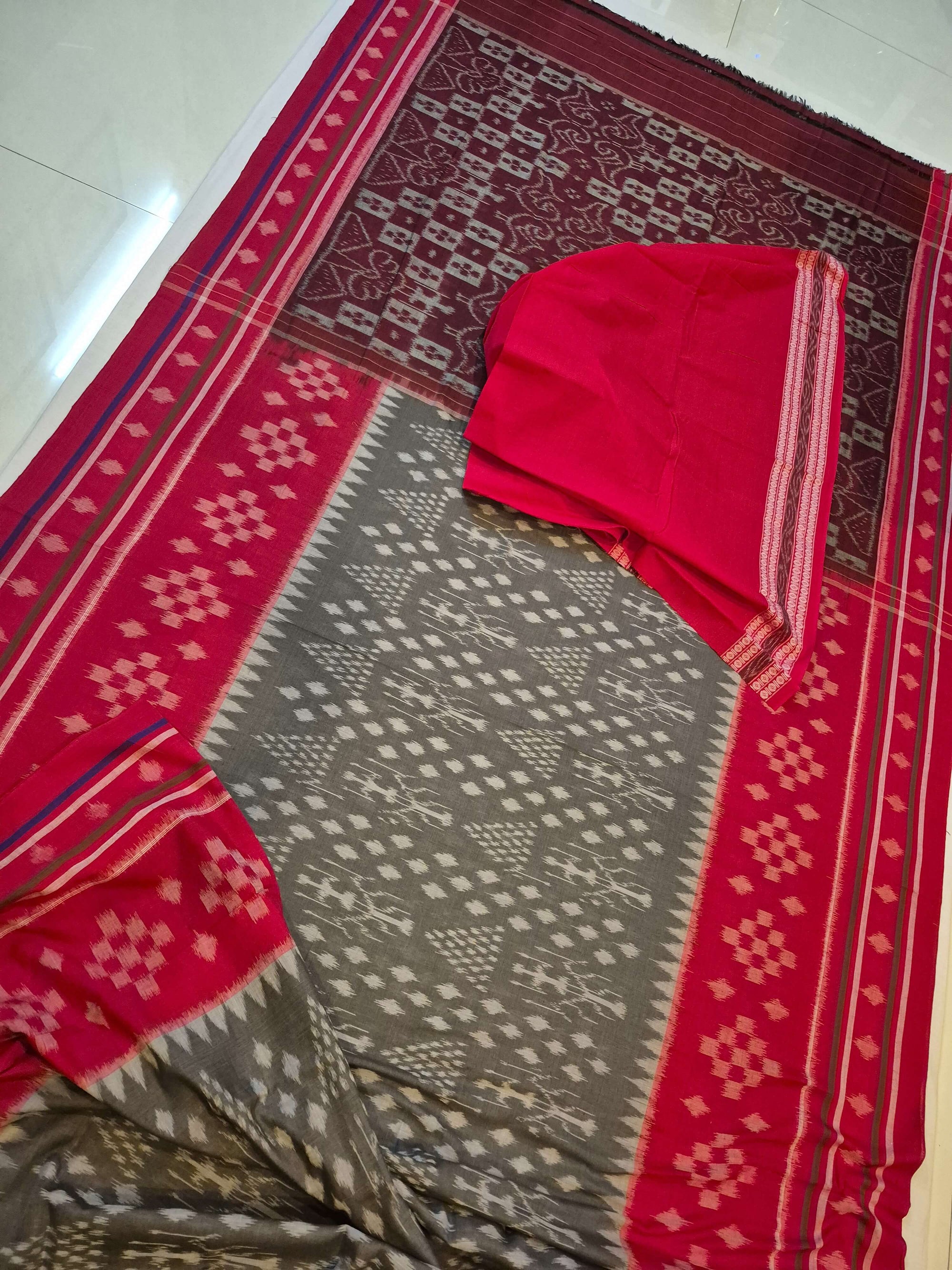 Grey with Red cotton Odisha Ikat Saree with matching cotton Ikat blouse piece