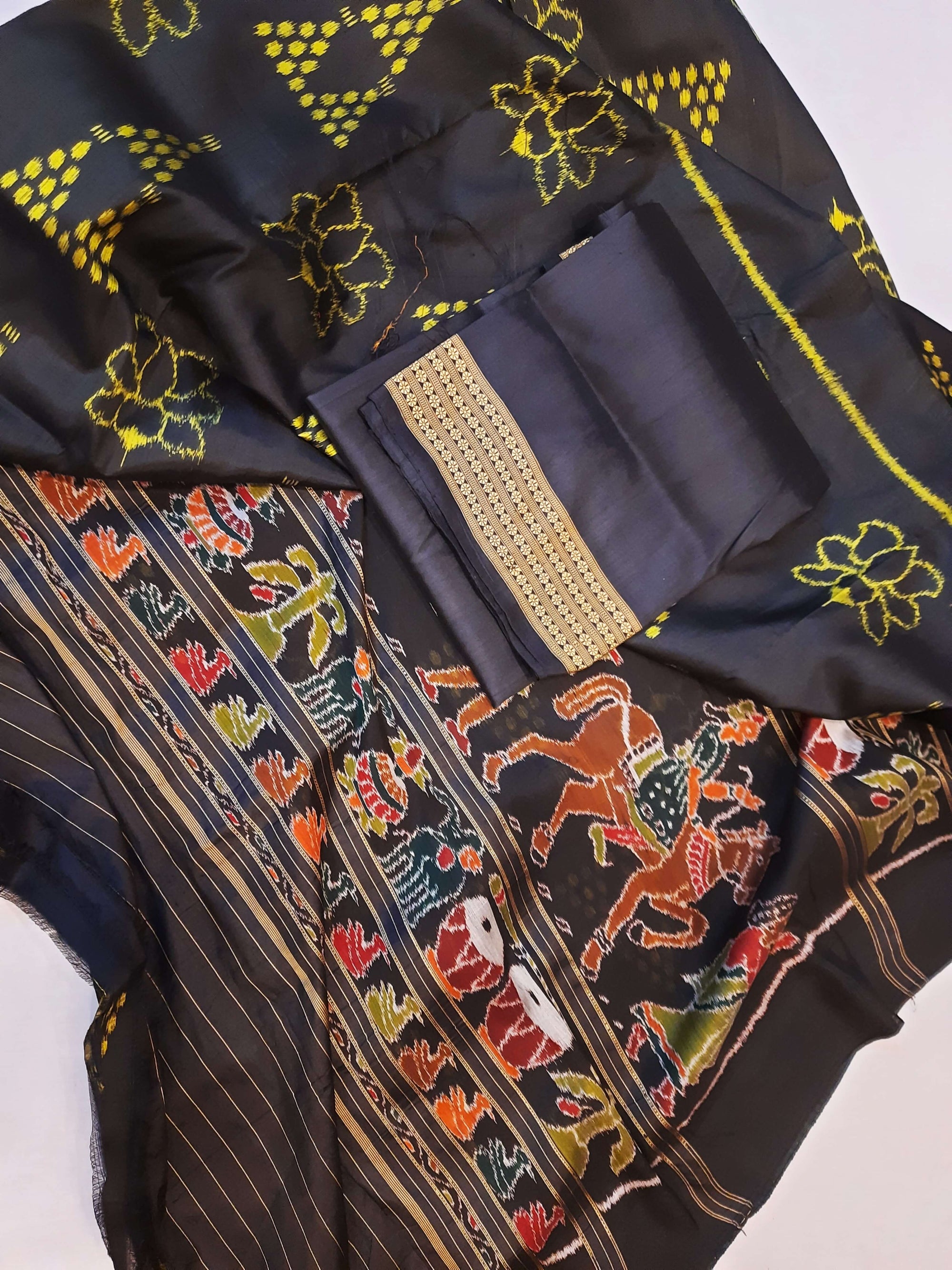 Black Odisha Khandua Pata Silk Saree with Silk Blouse piece