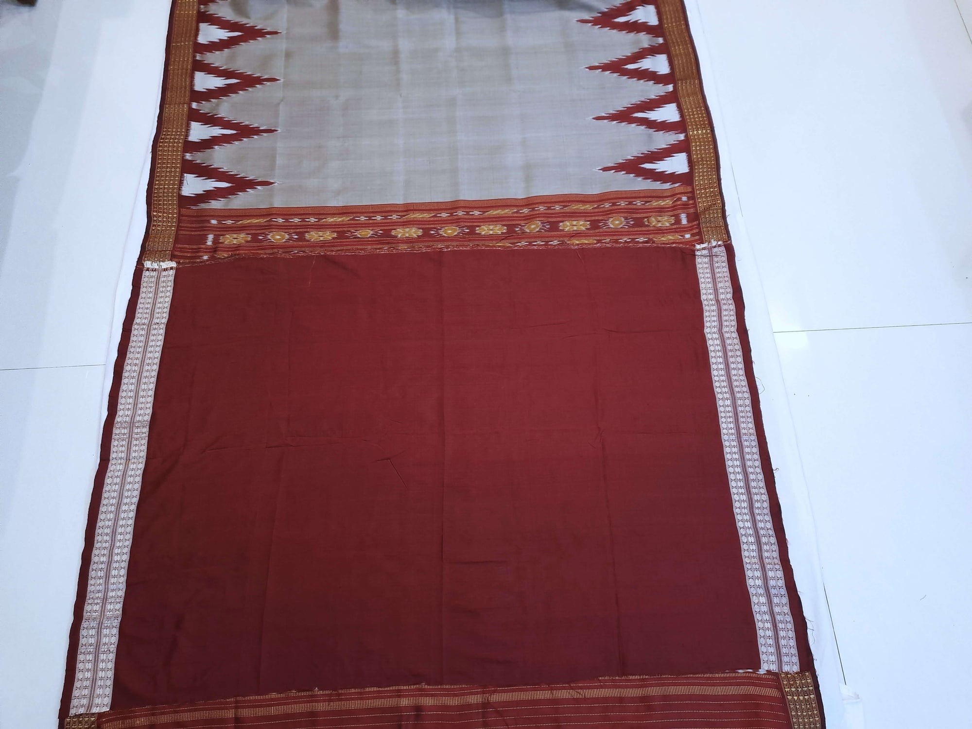 Grey with Maroon Odisha Khandua Pata Silk Saree with Silk blouse piece