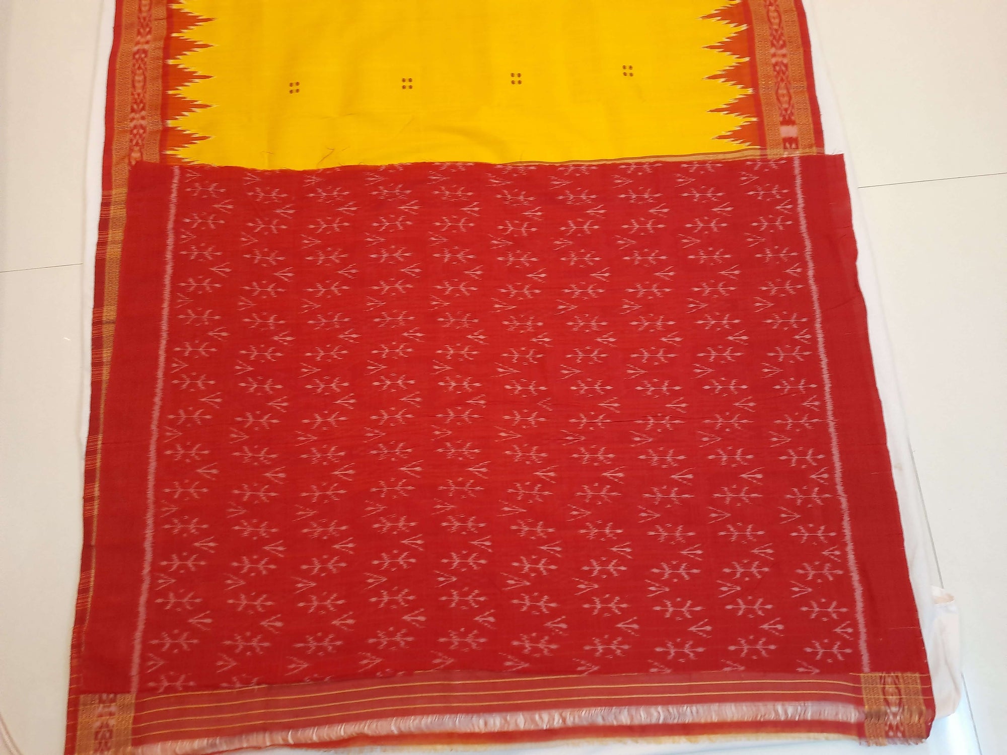 Yellow Red Odisha Khandua Pata Silk Saree with cotton ikat blouse piece