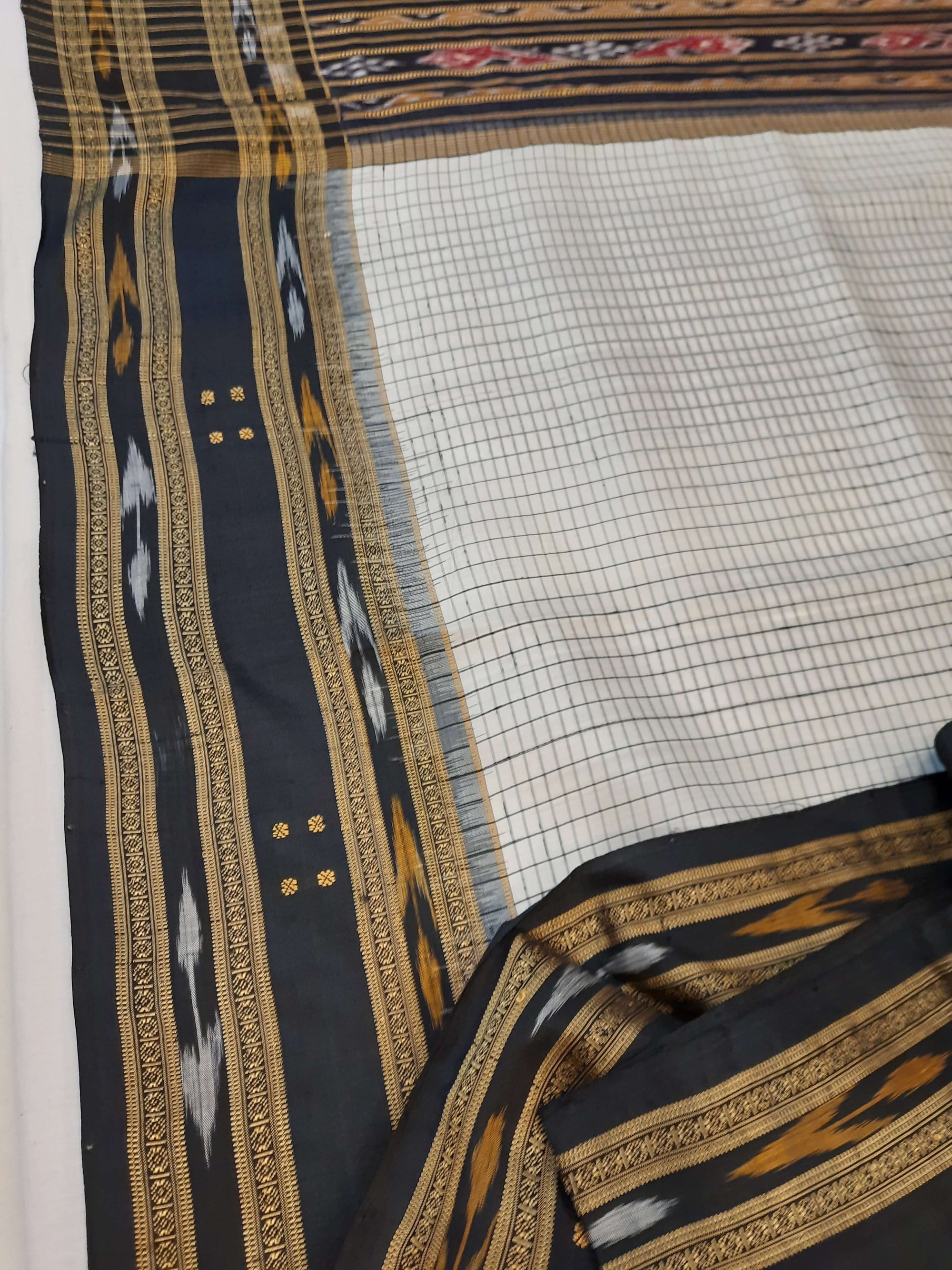 Offwhite Black Sachipar Khandua Pata Silk Saree with cotton ikat blouse piece
