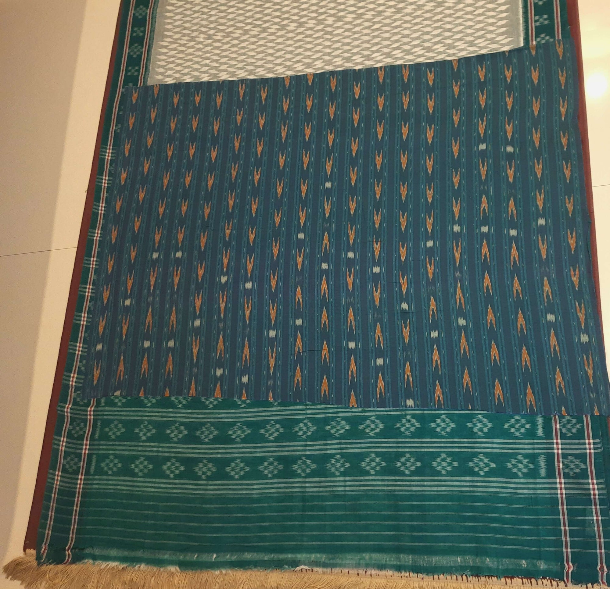 Off_White with Green Cotton Odisha Ikat saree with mix match cotton ikat blouse piece