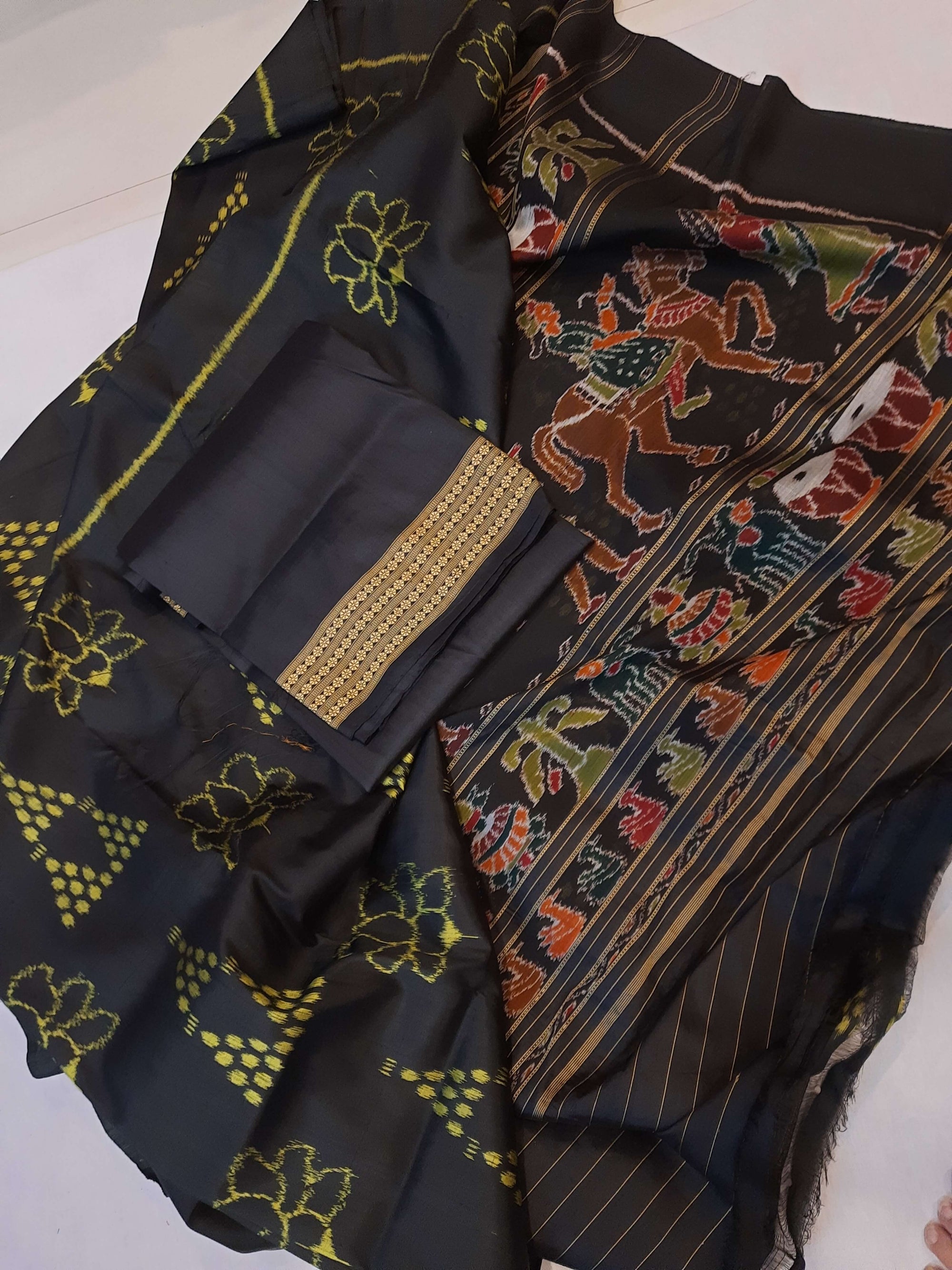 Black Odisha Khandua Pata Silk Saree with Silk Blouse piece