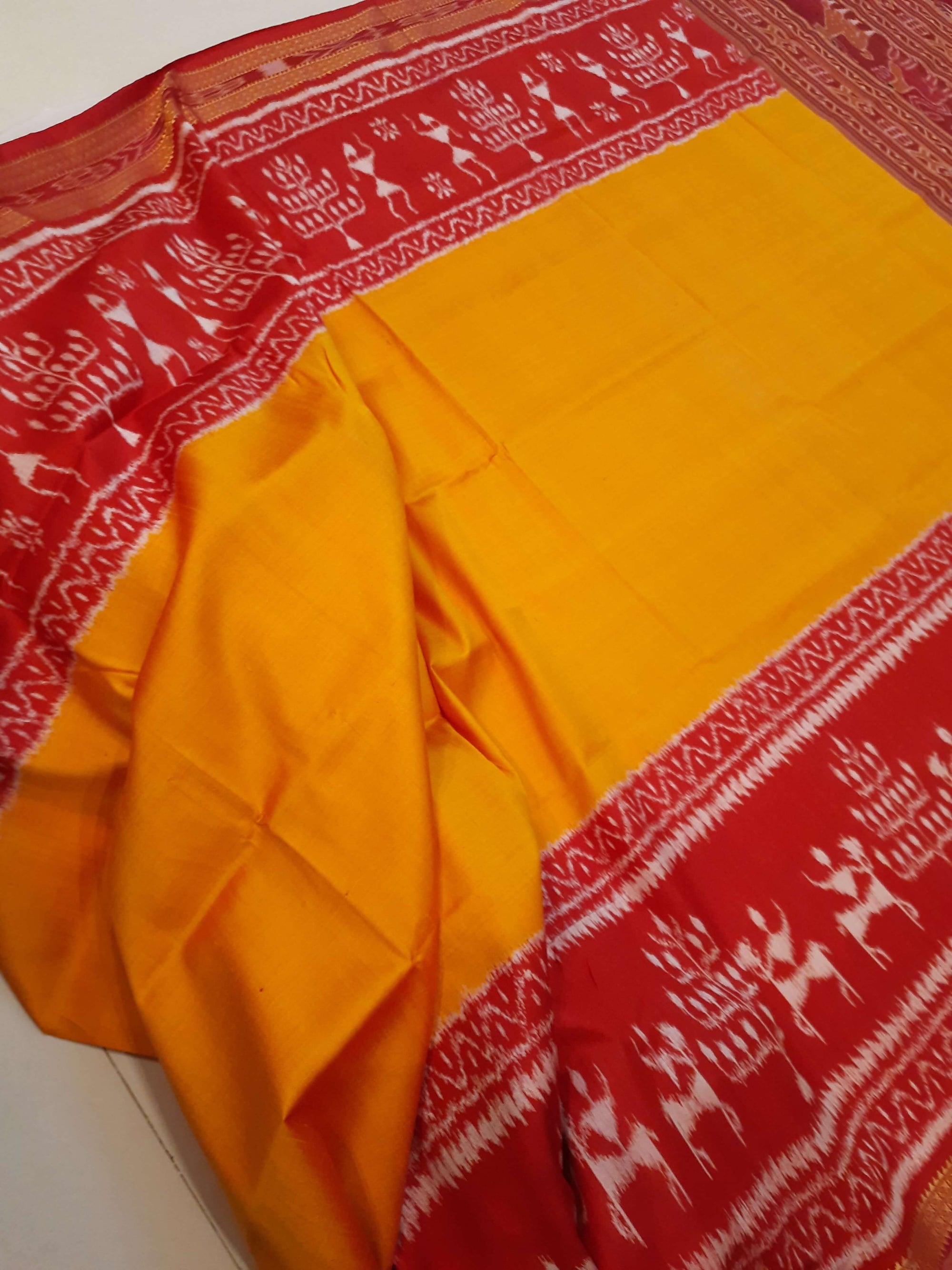 Yellow Red Odisha Khandua Pata Silk Saree with running blouse piece