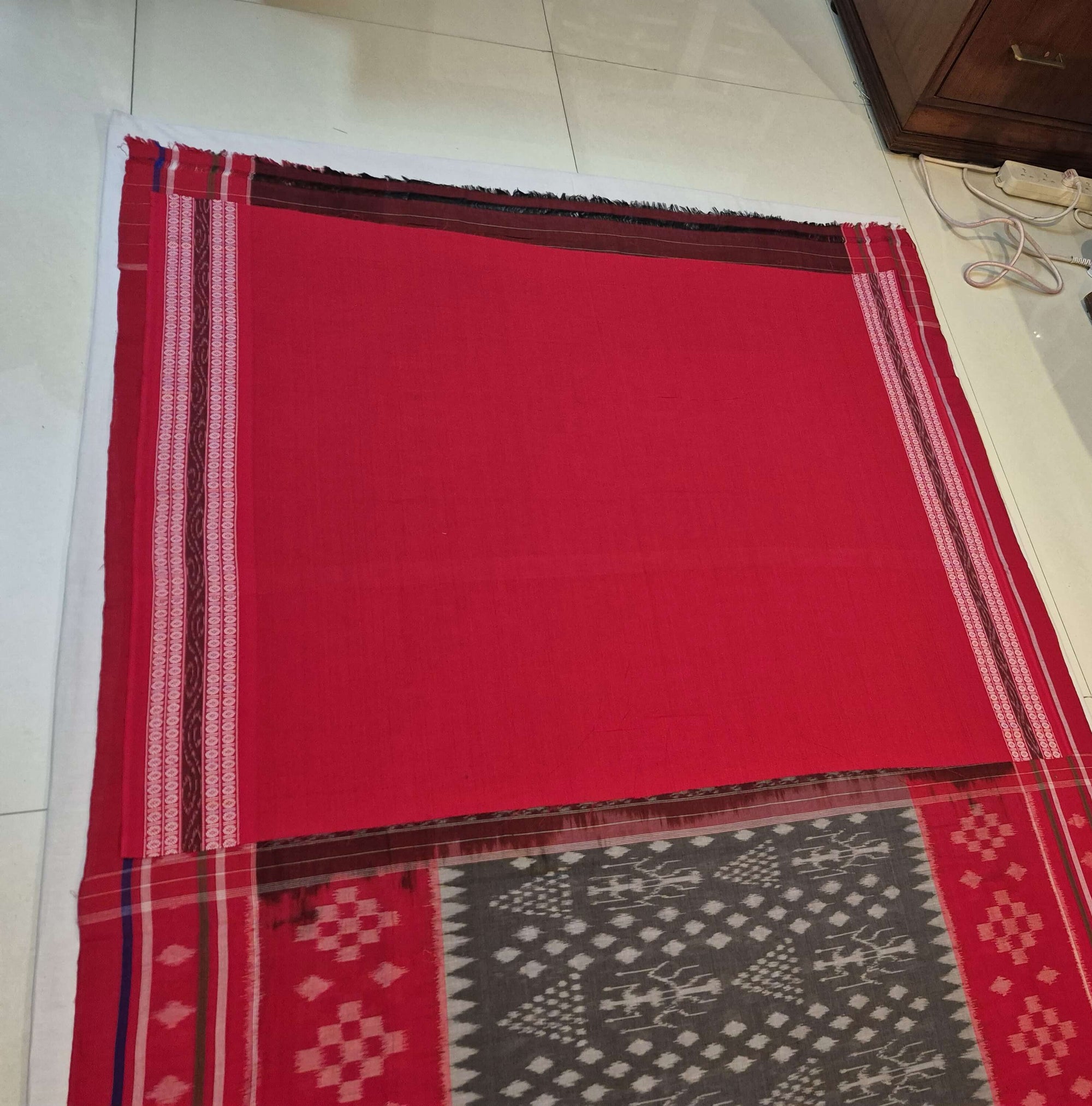 Grey with Red cotton Odisha Ikat Saree with matching cotton Ikat blouse piece
